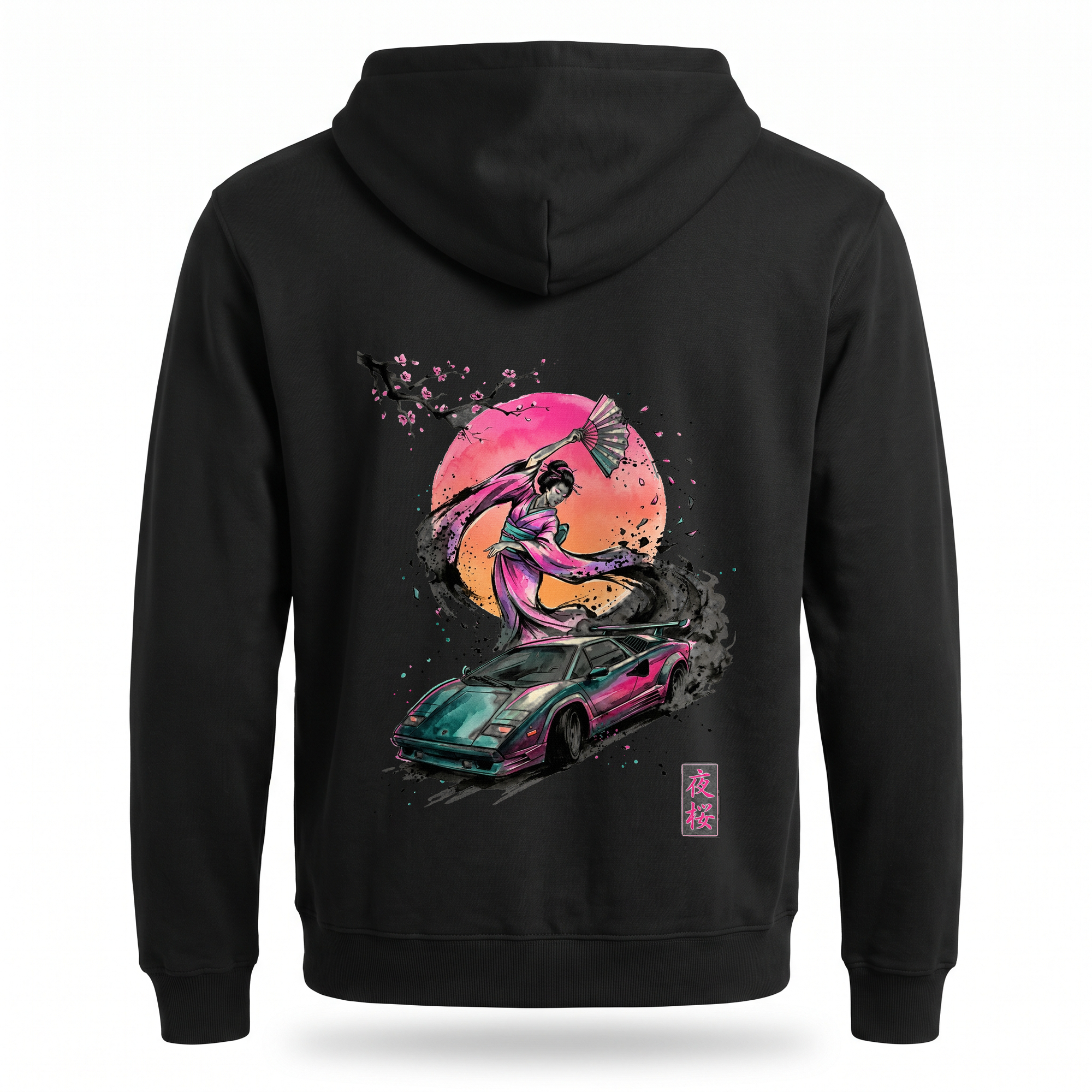 Night Blossom II — Lamborghini Geisha Colour Sumi Ink Full-Back Hoodie — Black back