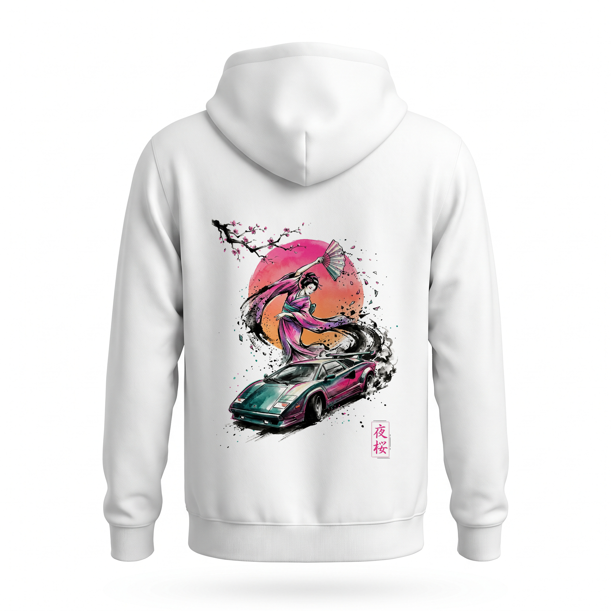 Night Blossom II — Lamborghini Geisha Colour Sumi Ink Full-Back Hoodie — White back