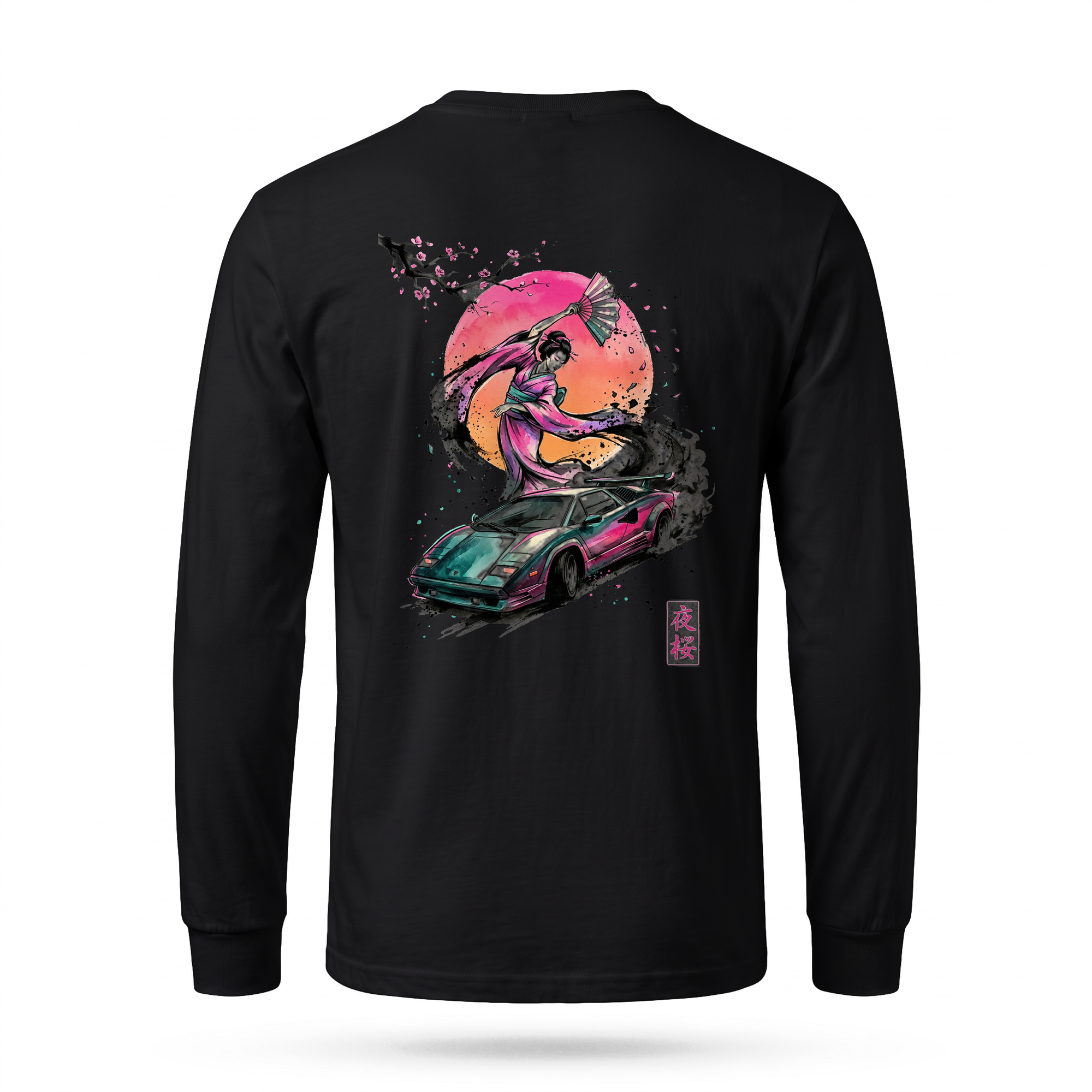 Night Blossom II — Lamborghini Geisha Colour Sumi Ink Full-Back Long Sleeve — Black back