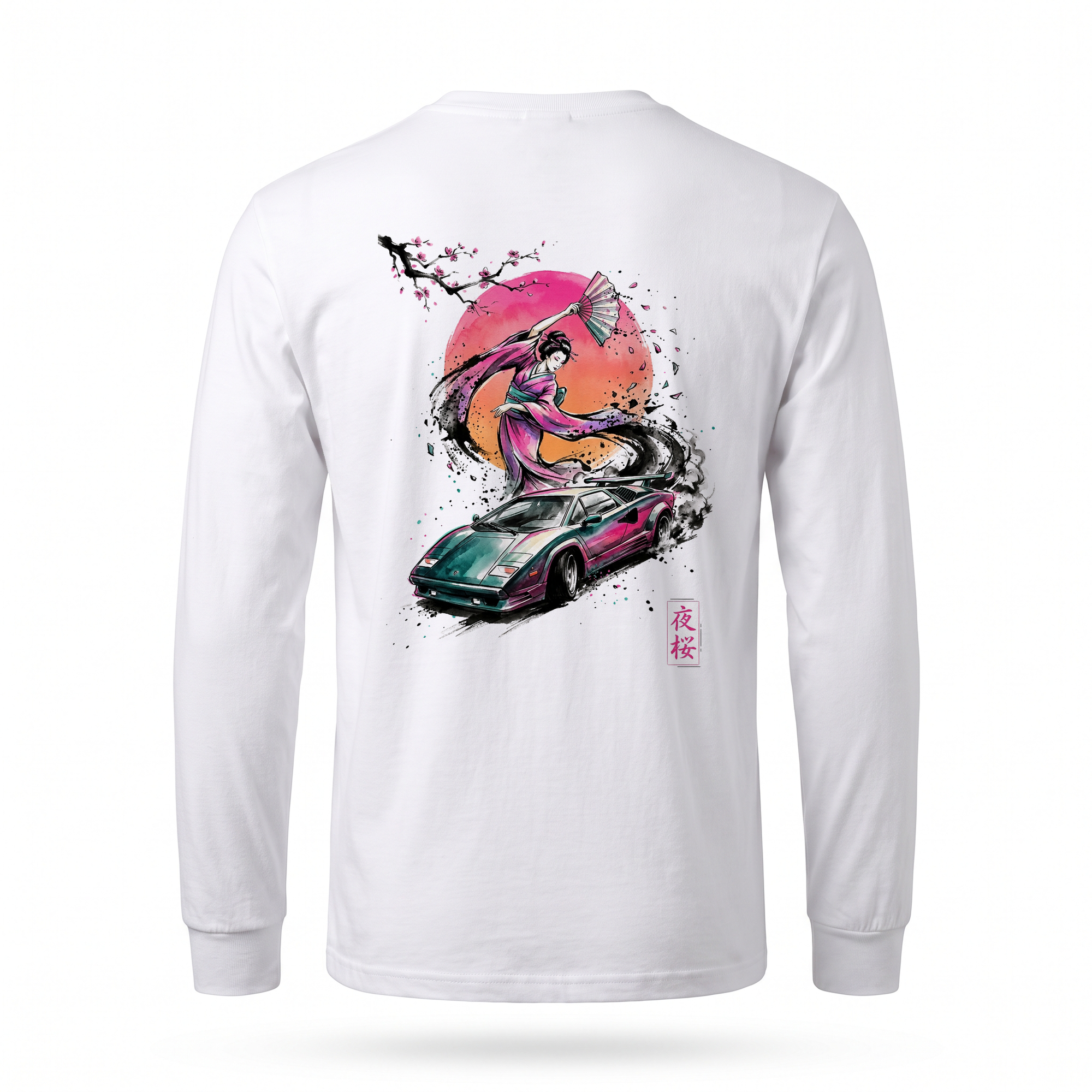 Night Blossom II — Lamborghini Geisha Colour Sumi Ink Full-Back Long Sleeve — White back
