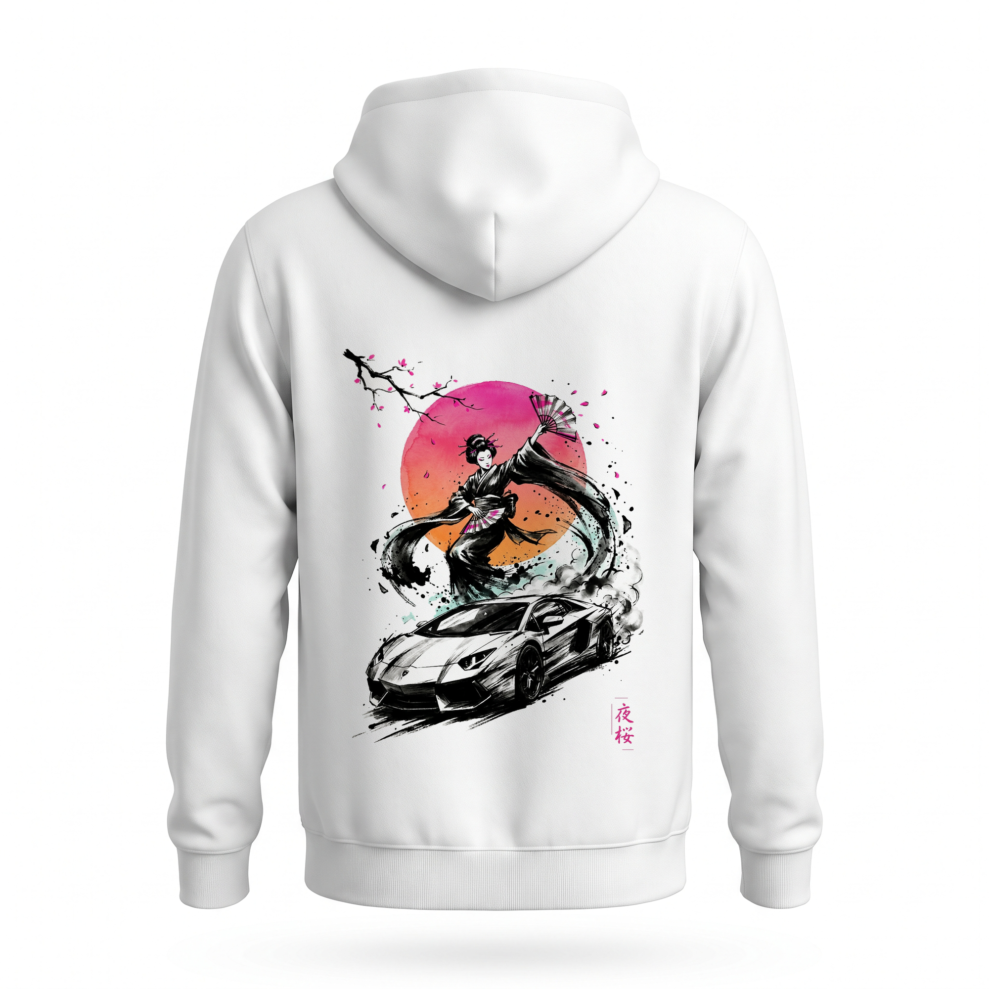 Night Blossom — Lamborghini Geisha Sumi Ink Full-Back Hoodie — White back