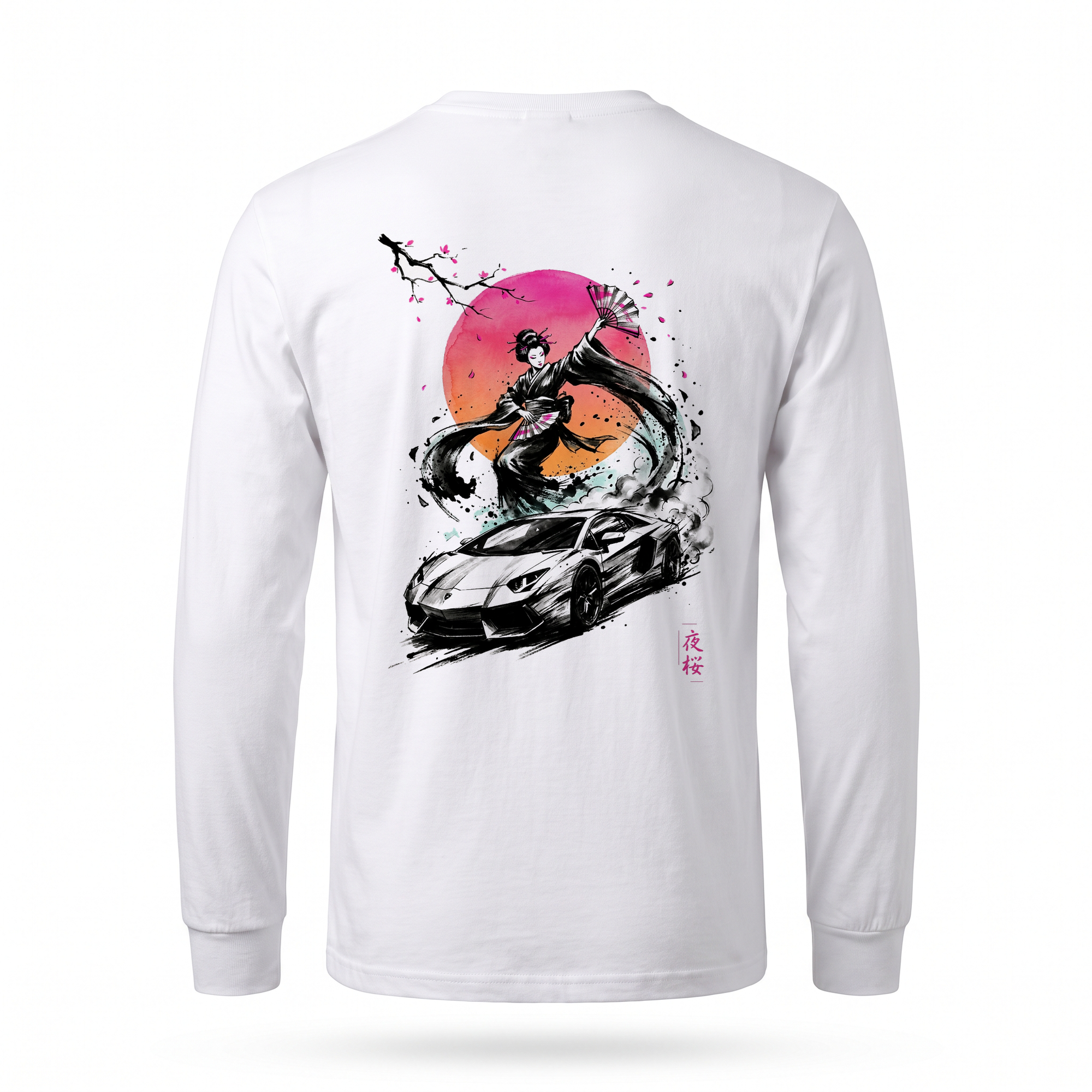 Night Blossom — Lamborghini Geisha Sumi Ink Full-Back Long Sleeve — White back