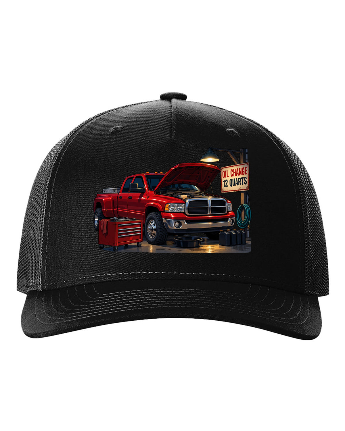 Cel-shaded anime night garage print of a red 2003-2009 Dodge Ram 3rd gen diesel with oil change text black hat front view with the design