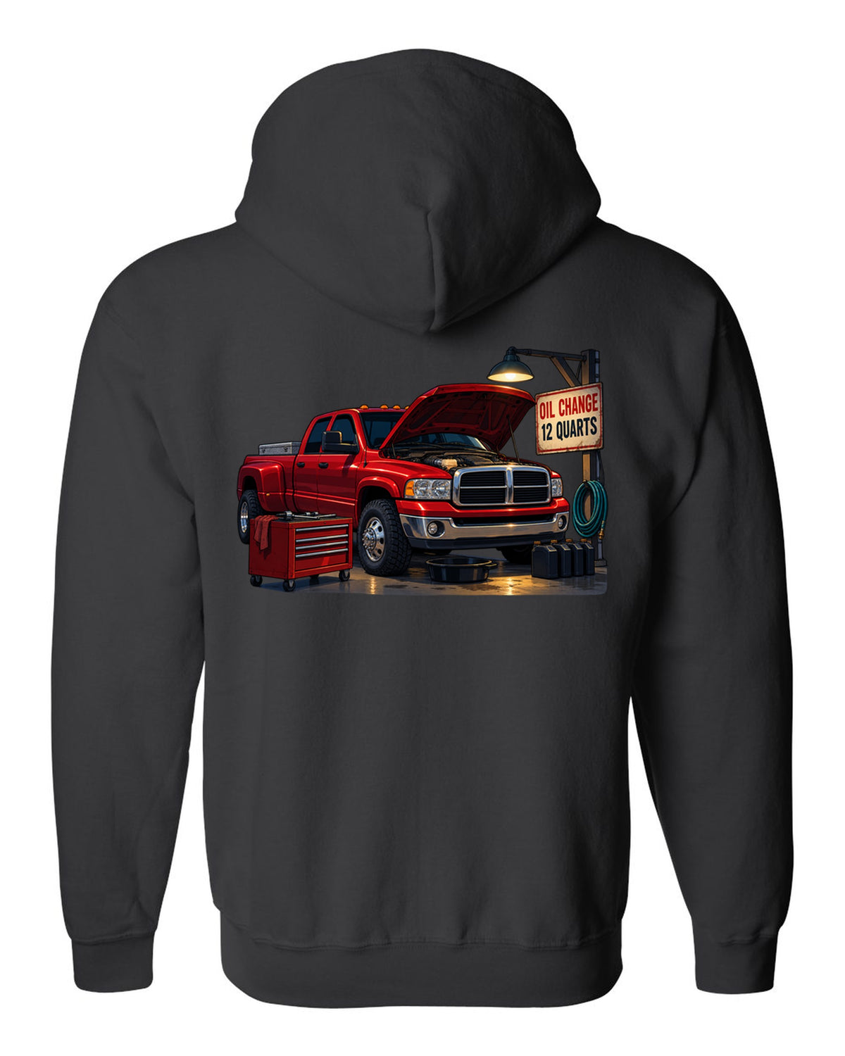 Cel-shaded anime night garage print of a red 2003-2009 Dodge Ram 3rd gen diesel with oil change text black zip hoodie back view with the design