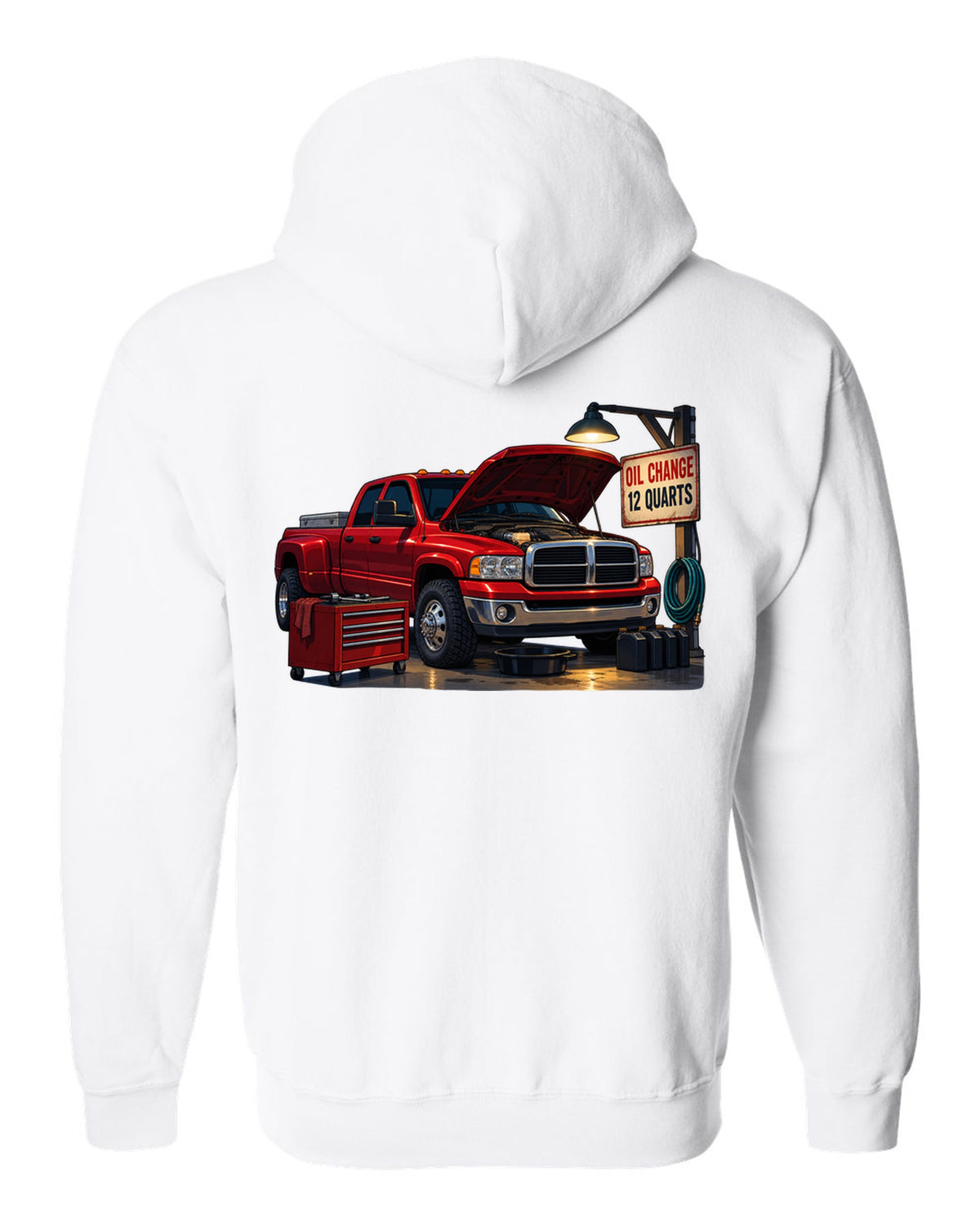 Cel-shaded anime night garage print of a red 2003-2009 Dodge Ram 3rd gen diesel with oil change text white zip hoodie back view with the design