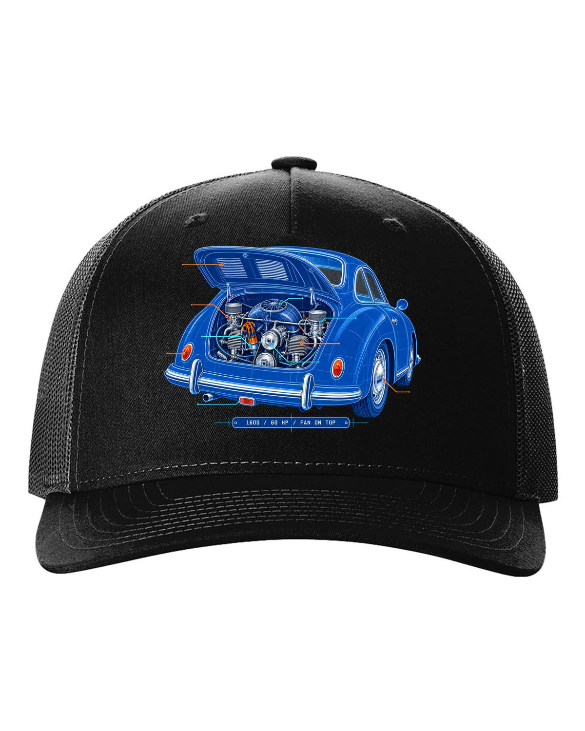 Linocut print of a 1978 Porsche 911 SC Targa in a night garage with the text SC Targa, 180 PS and 3.0 black hat front view with the design
