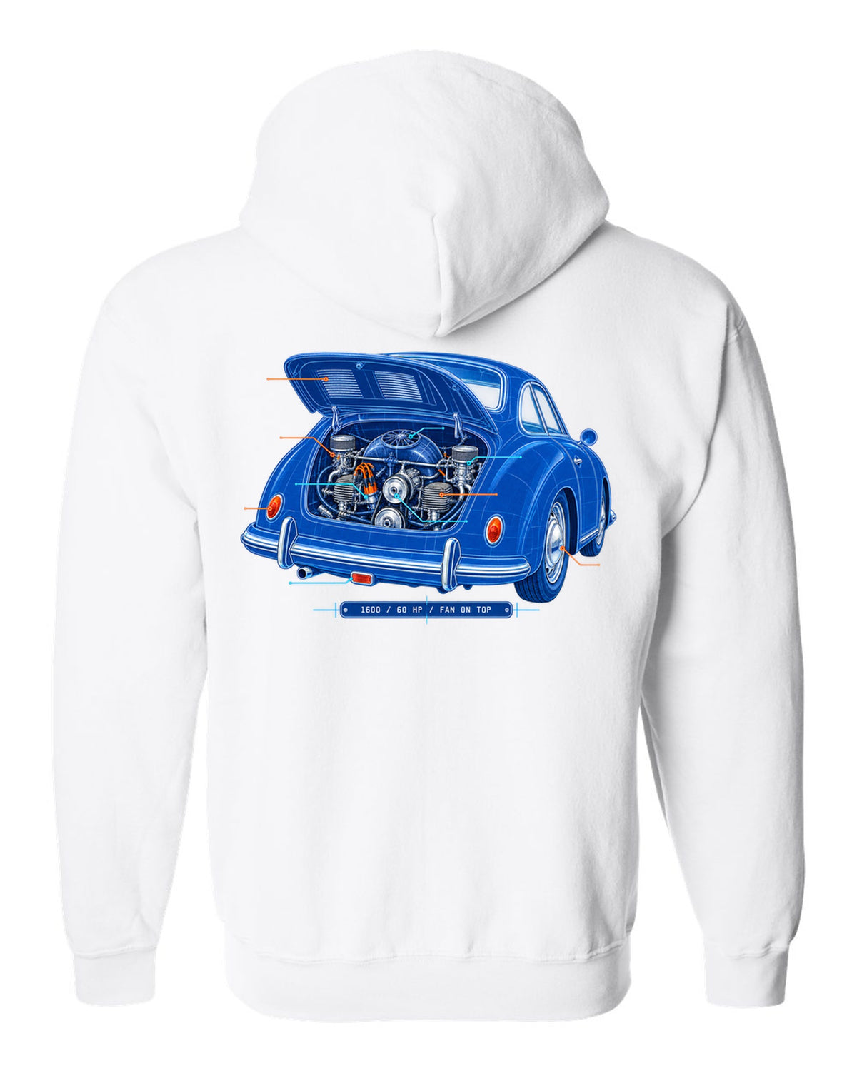 Linocut print of a 1978 Porsche 911 SC Targa in a night garage with the text SC Targa, 180 PS and 3.0 white zip hoodie back view with the design