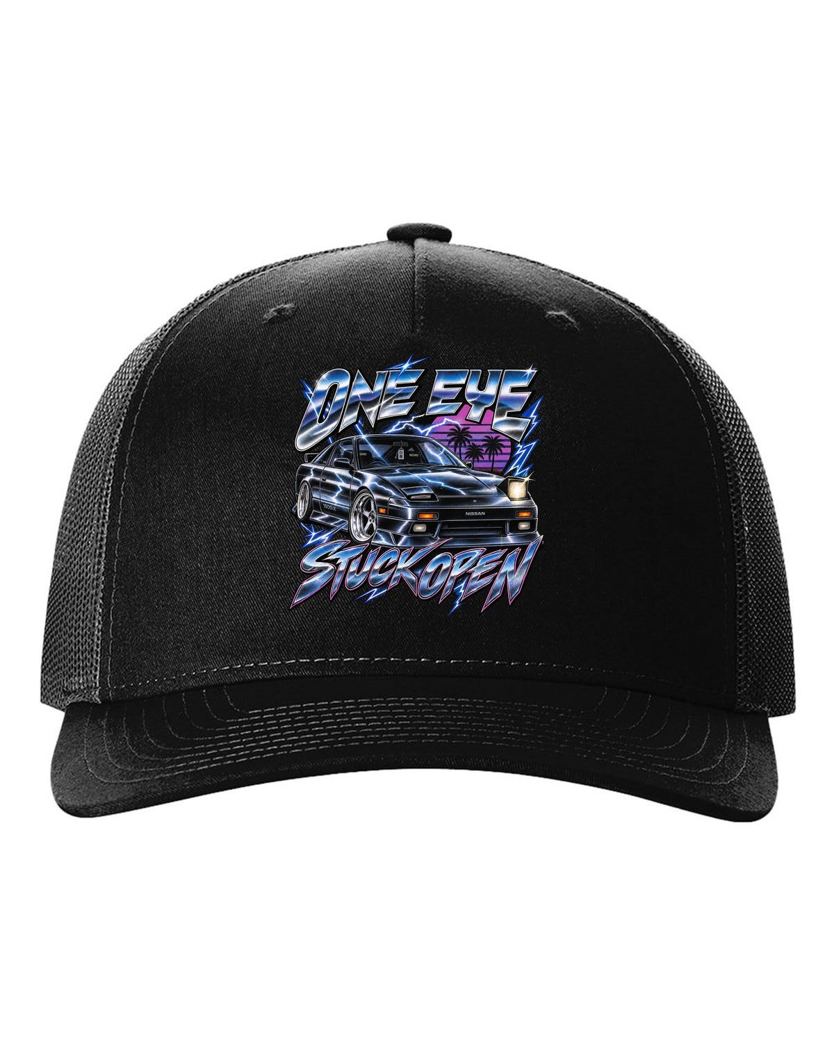 80s airbrush chrome print of a Nissan 180SX S13 ch with one eye stuck open text black hat front view with the design