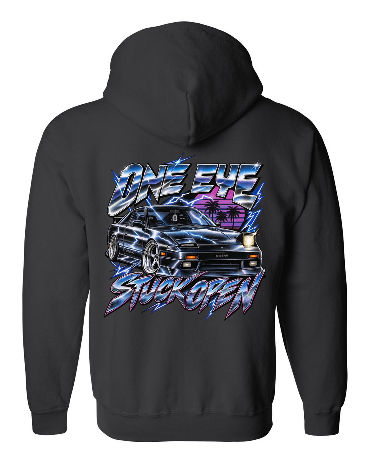 80s airbrush chrome print of a Nissan 180SX S13 ch with one eye stuck open text black zip hoodie back view with the design