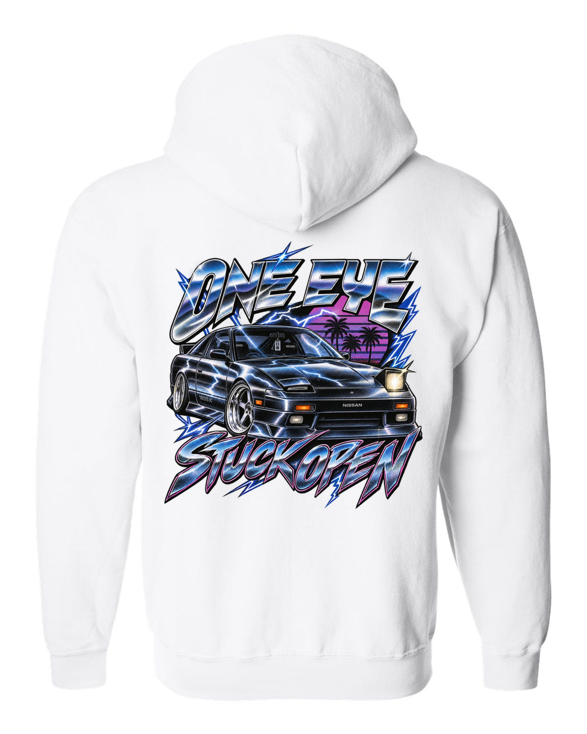 80s airbrush chrome print of a Nissan 180SX S13 ch with one eye stuck open text white zip hoodie back view with the design