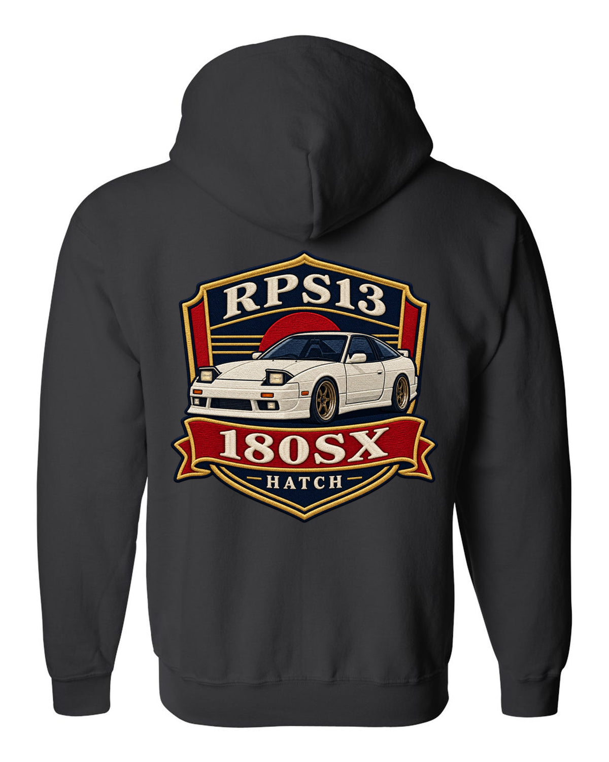 Shield crest print for the Nissan 180SX RPS13 chback black zip hoodie back view with the design