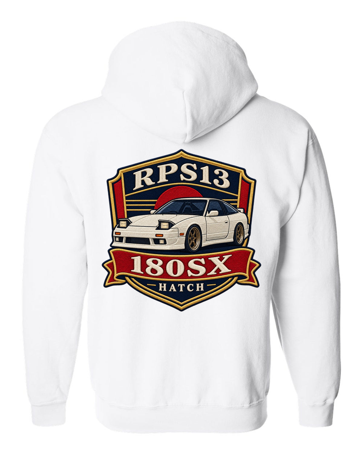 Shield crest print for the Nissan 180SX RPS13 chback white zip hoodie back view with the design