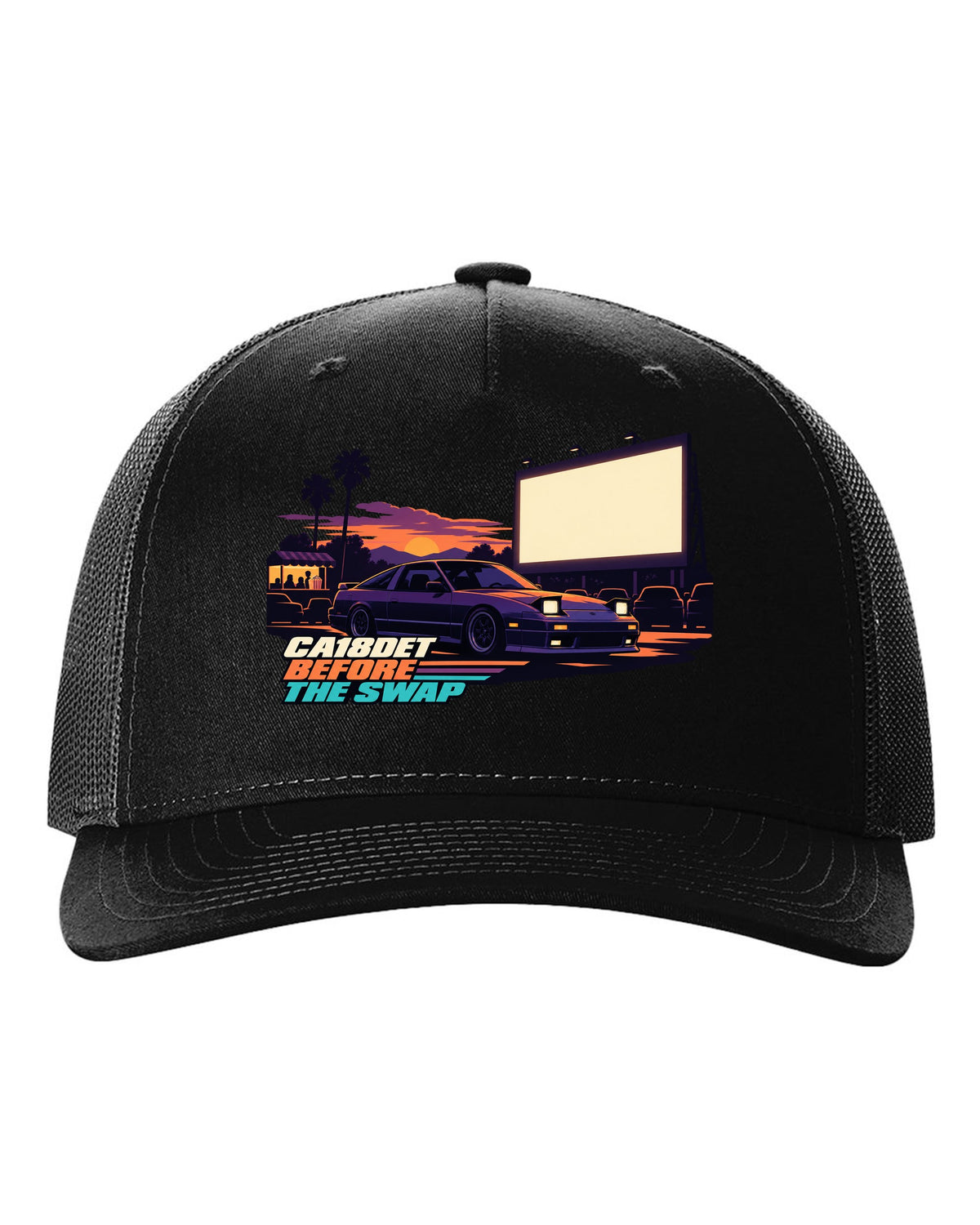Flat vector drive-in print of a Nissan 180SX S13 with CA18DET before the swap lettering black hat front view with the design