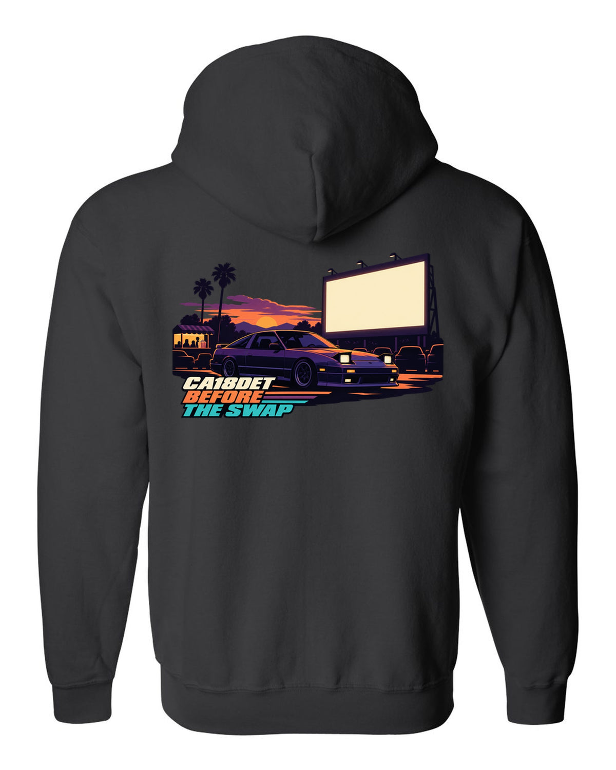 Flat vector drive-in print of a Nissan 180SX S13 with CA18DET before the swap lettering black zip hoodie back view with the design