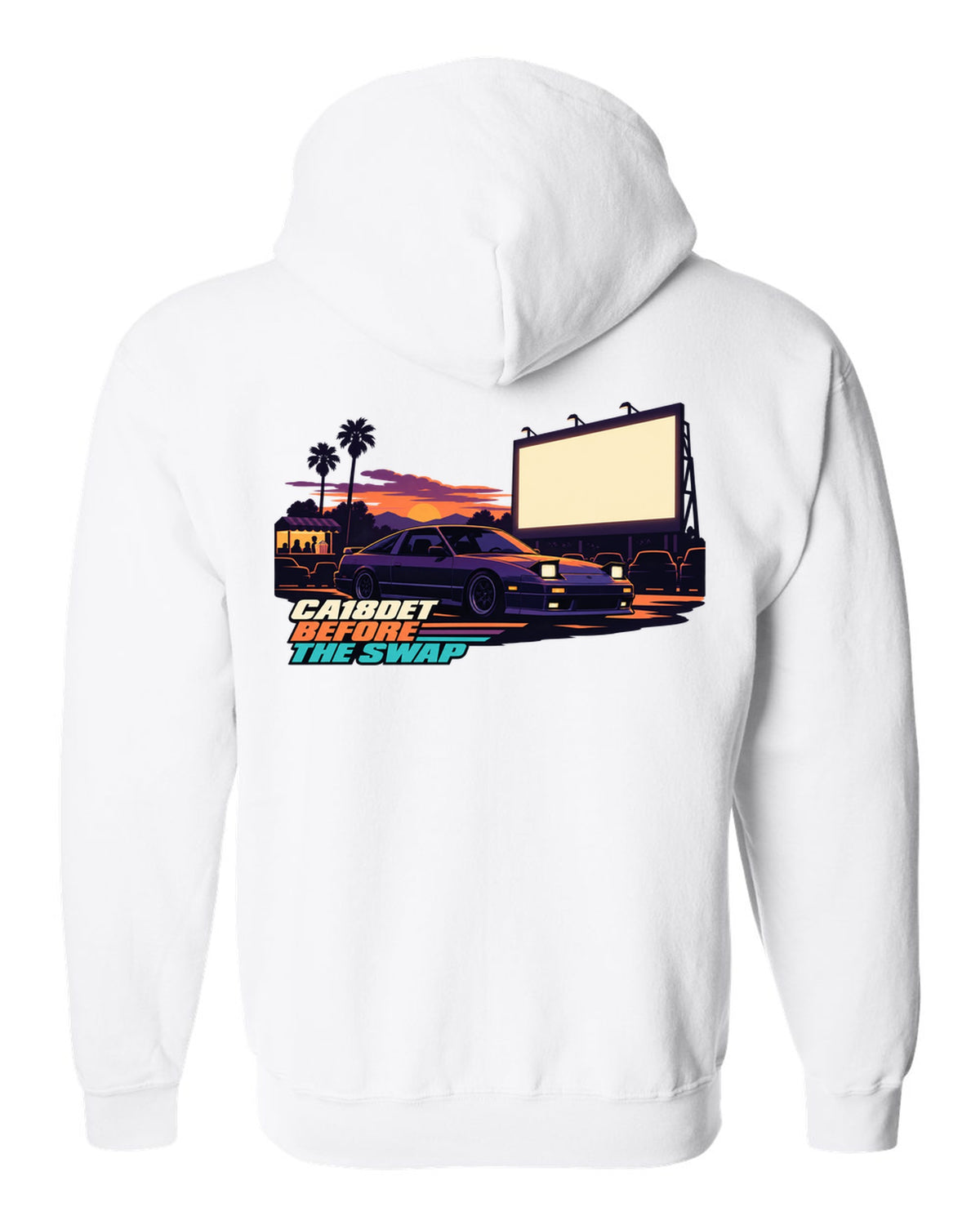 Flat vector drive-in print of a Nissan 180SX S13 with CA18DET before the swap lettering white zip hoodie back view with the design