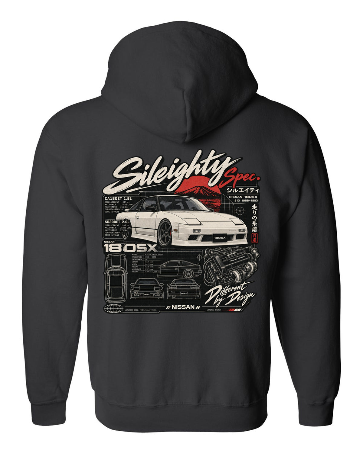 Spec-sheet data plate print for the Nissan 180SX S13 listing CA18DET and SR20DET engines black zip hoodie back view with the design