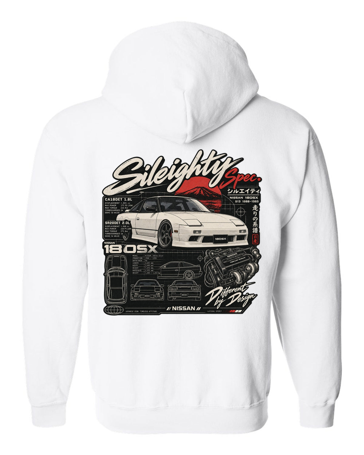 Spec-sheet data plate print for the Nissan 180SX S13 listing CA18DET and SR20DET engines white zip hoodie back view with the design