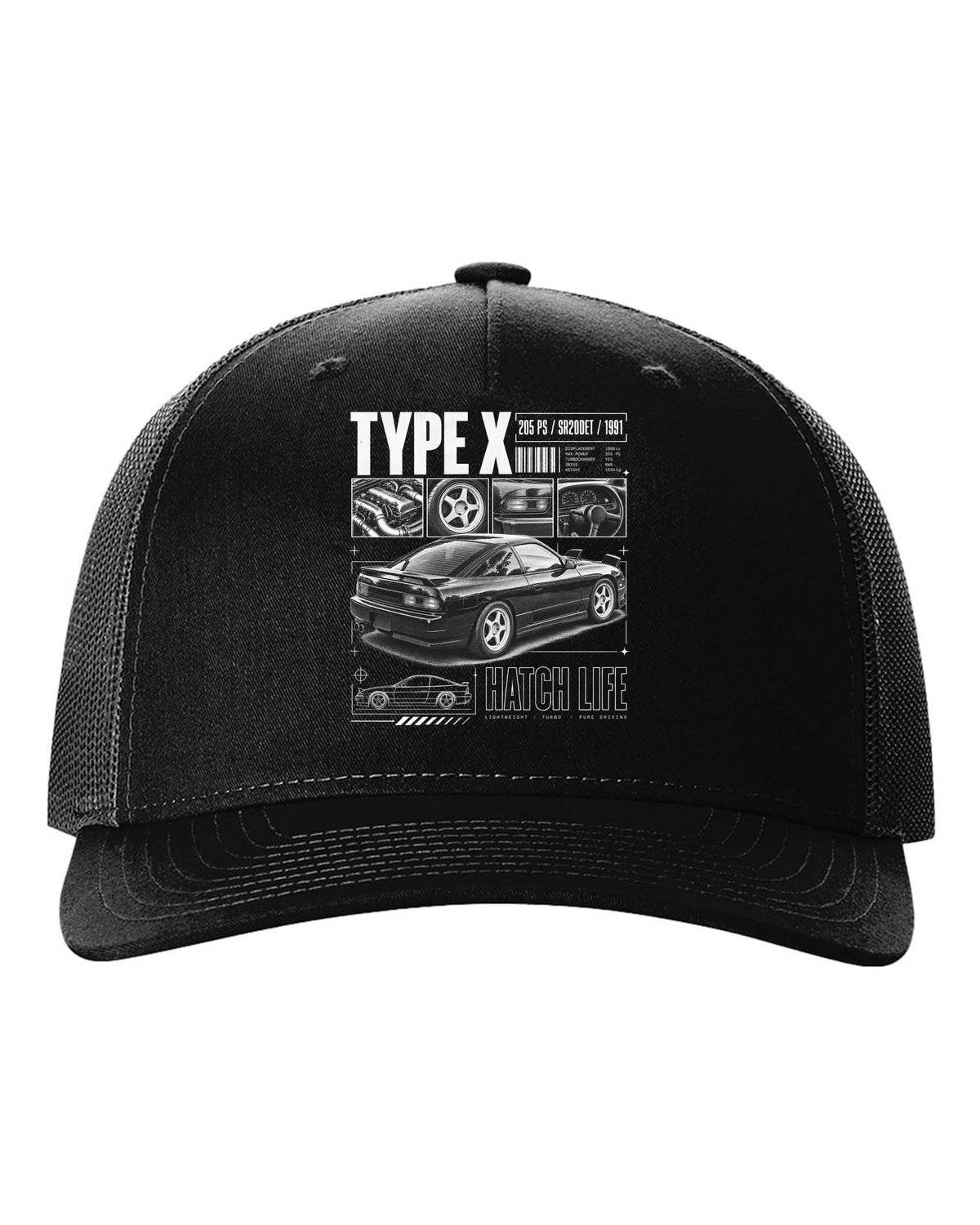 Dossier panels of a Nissan 180SX Type X with 205 PS, SR20DET and 1991 lettering black hat front view with the design