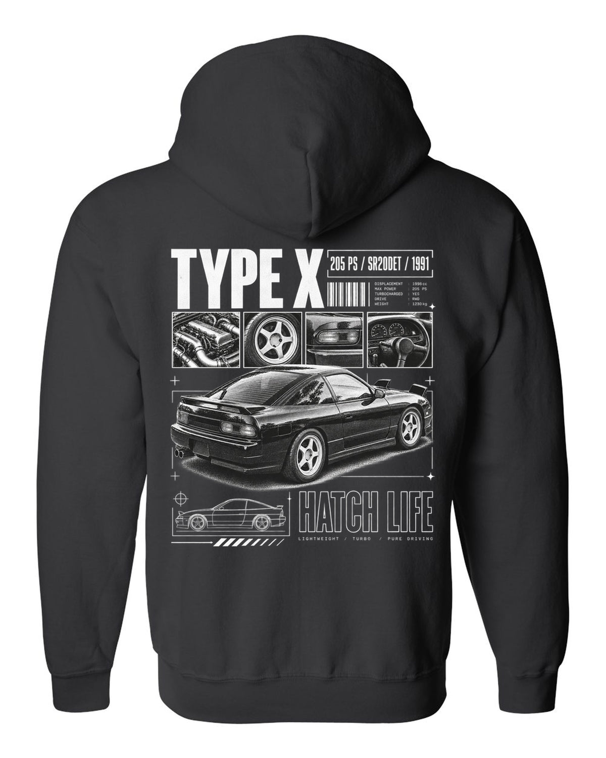 Dossier panels of a Nissan 180SX Type X with 205 PS, SR20DET and 1991 lettering black zip hoodie back view with the design