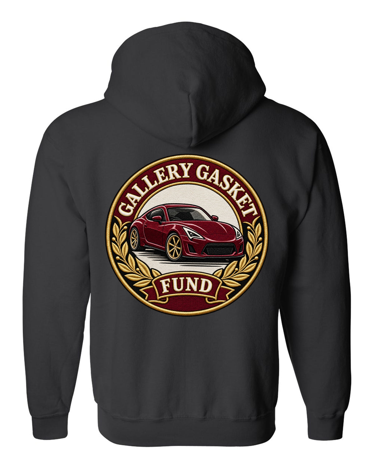 Round crest print for a Nissan 350Z Z33 with gallery gasket fund text black zip hoodie back view with the design