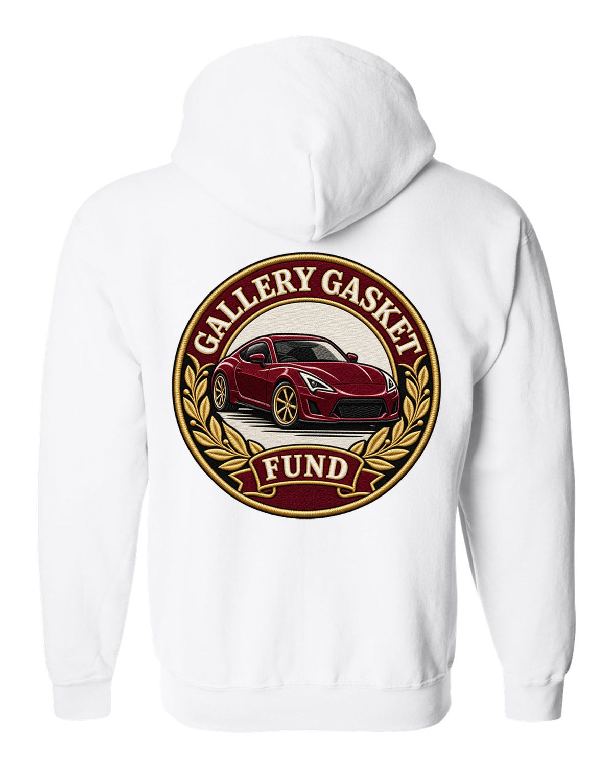 Round crest print for a Nissan 350Z Z33 with gallery gasket fund text white zip hoodie back view with the design