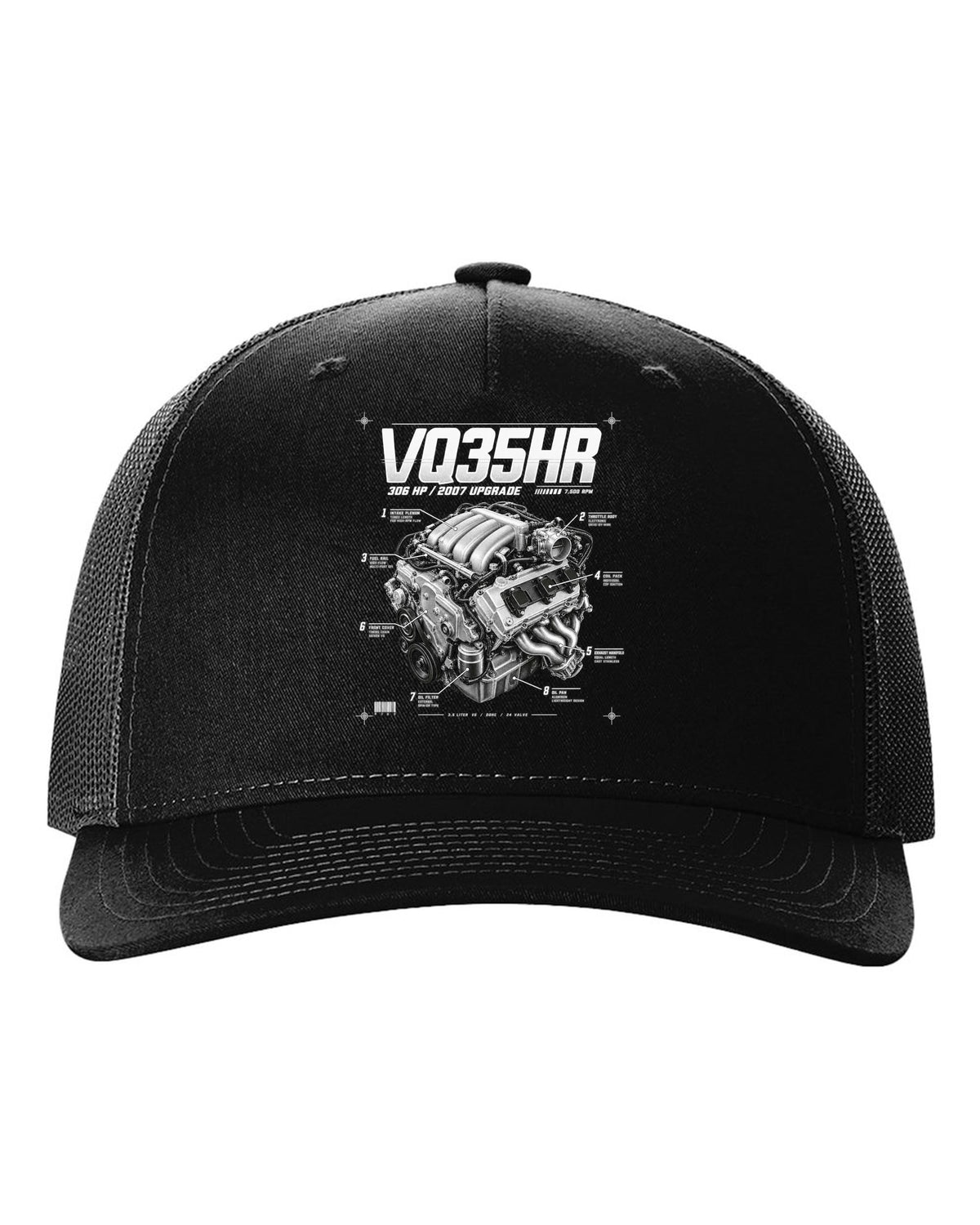 print of a Nissan 350Z Z33 VQ35HR engine plate with 306 HP and 7,500 RPM black hat front view with the design