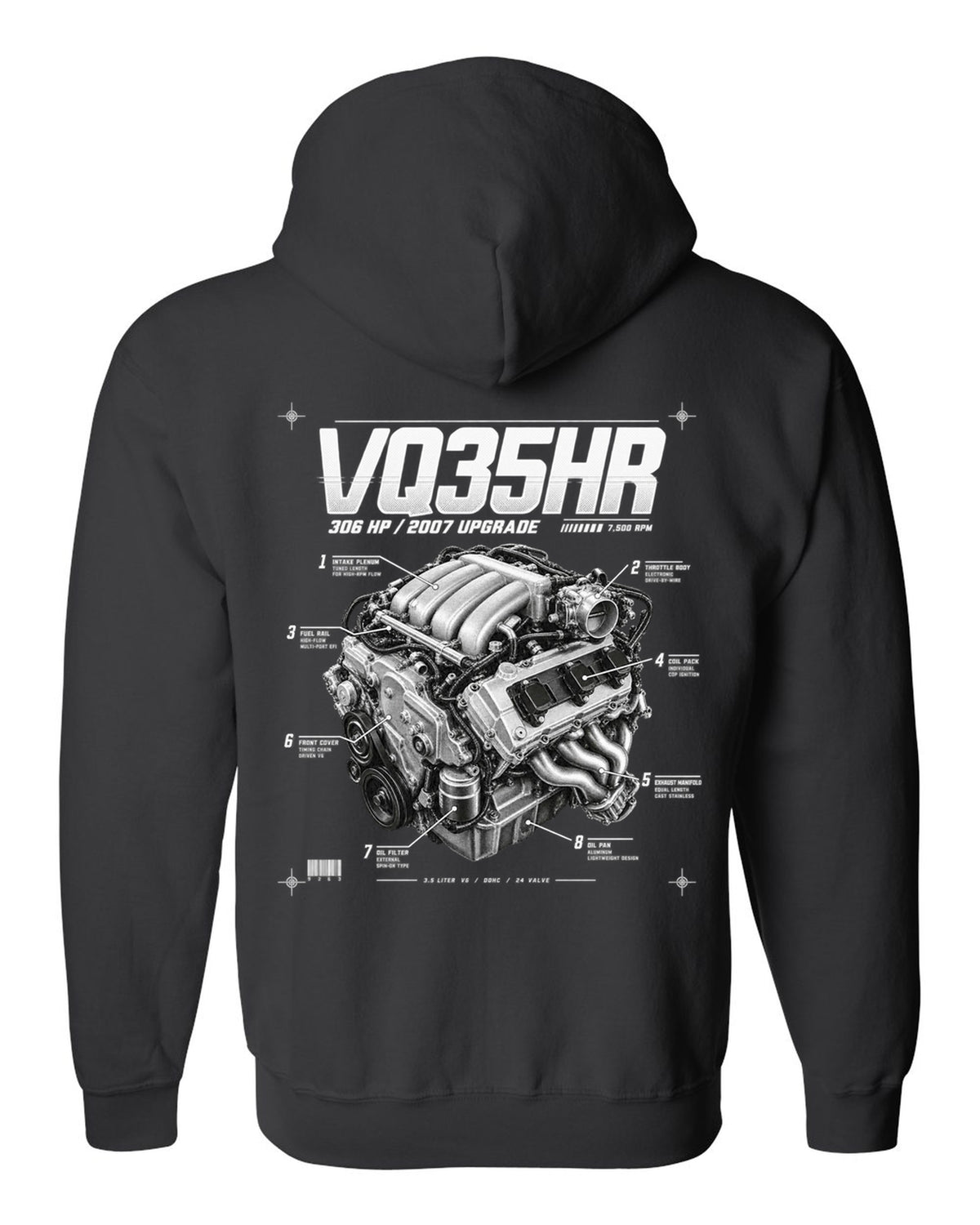 print of a Nissan 350Z Z33 VQ35HR engine plate with 306 HP and 7,500 RPM black zip hoodie back view with the design
