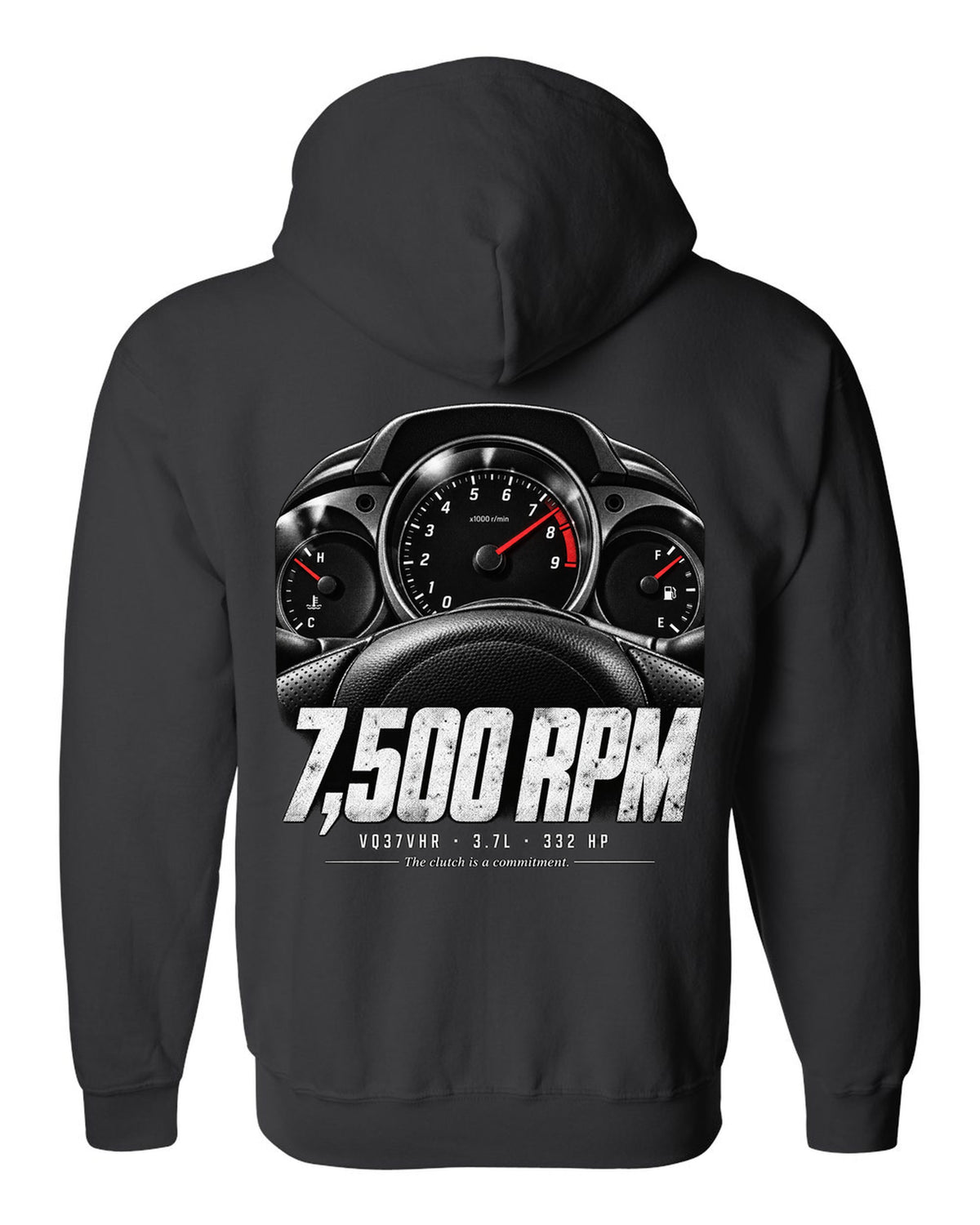 print of a Nissan 370Z Z34 gauge cluster at 7,500 RPM with VQ37VHR text black zip hoodie back view with the design