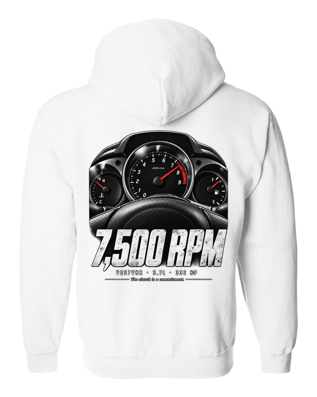print of a Nissan 370Z Z34 gauge cluster at 7,500 RPM with VQ37VHR text white zip hoodie back view with the design
