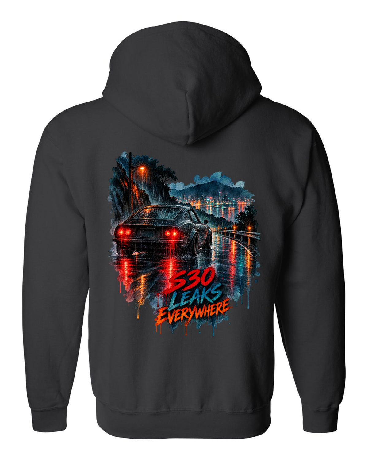 Watercolour wet-road night print of a Nissan Fairlady Z S30 with leaks everywhere lettering black zip hoodie back view with the design