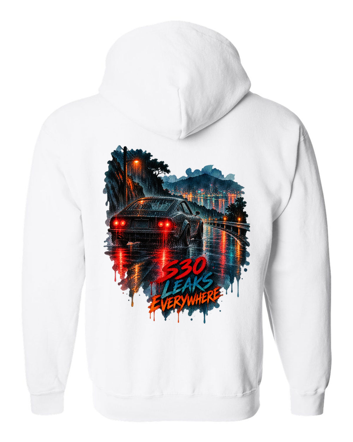 Watercolour wet-road night print of a Nissan Fairlady Z S30 with leaks everywhere lettering white zip hoodie back view with the design