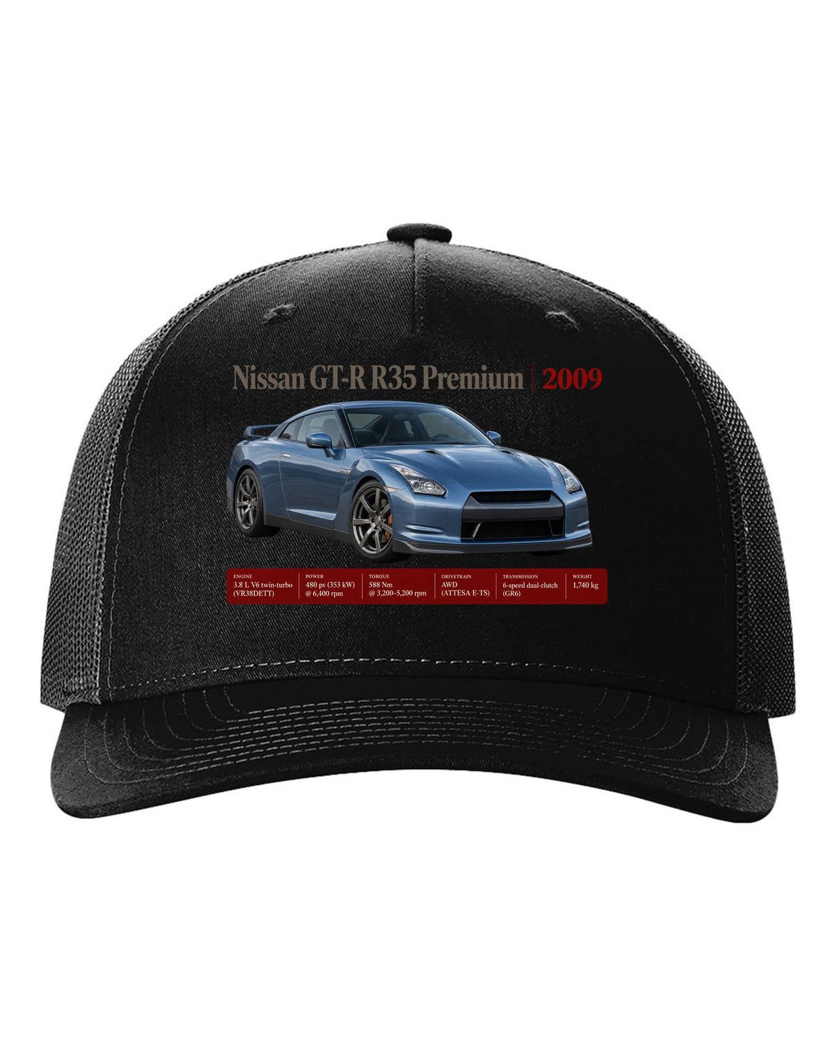 Nissan GT-R R35 2009 Premium archive panel poster black hat front view with the design