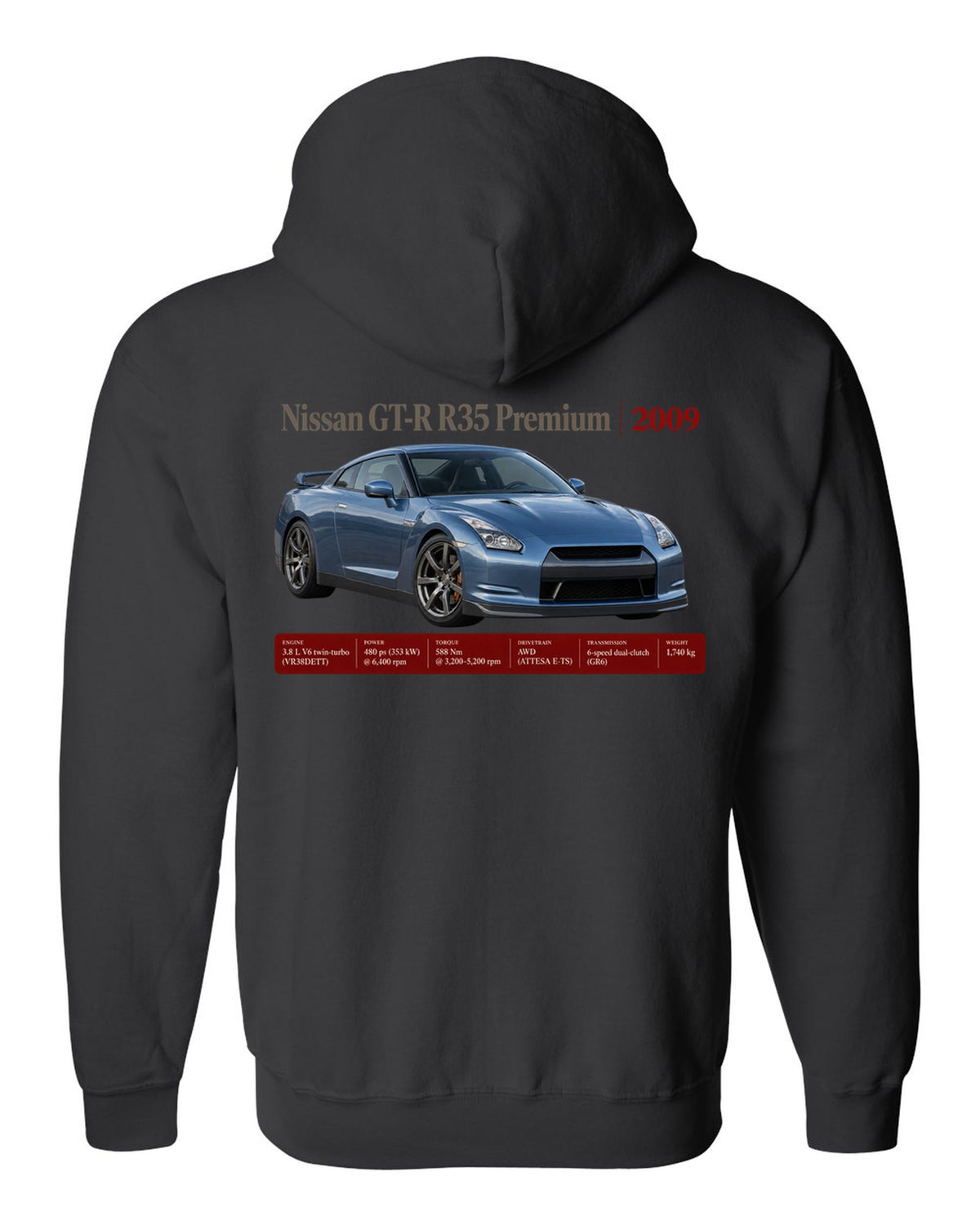 Nissan GT-R R35 2009 Premium archive panel poster black zip hoodie back view with the design