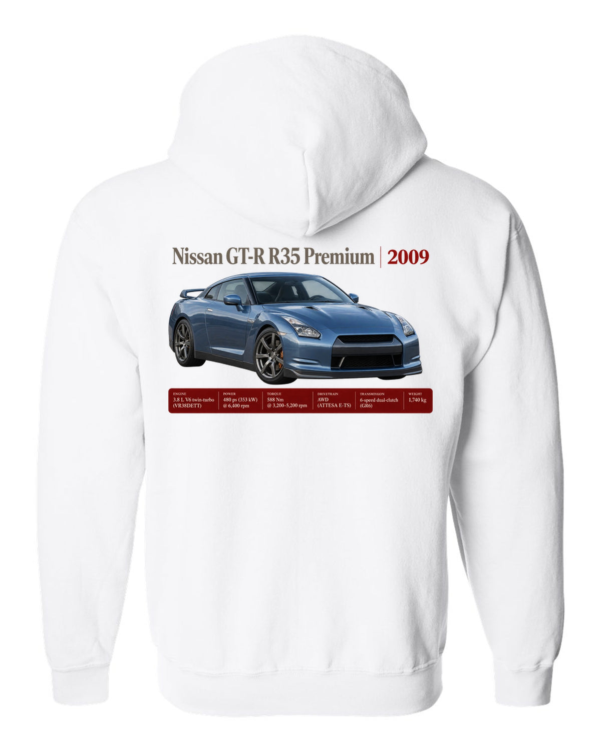 Nissan GT-R R35 2009 Premium archive panel poster white zip hoodie back view with the design