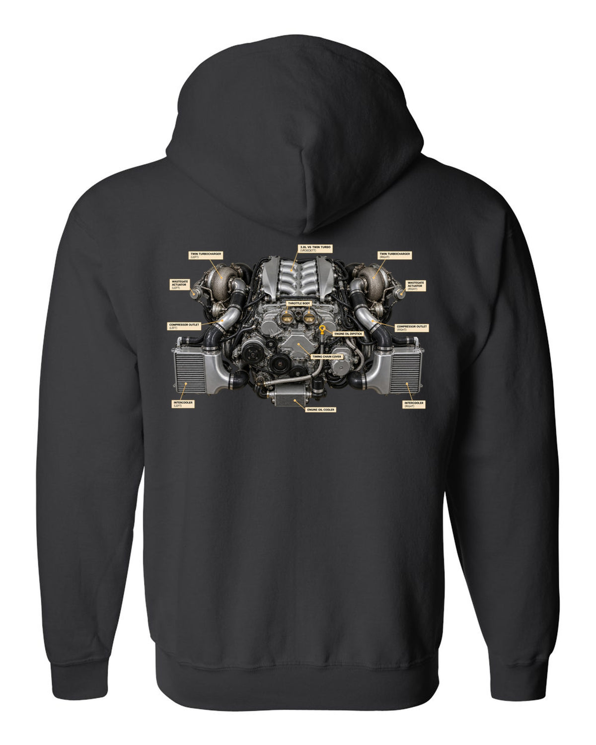 Nissan GT-R R35 2009 Premium dimension blueprint with engine text black zip hoodie back view with the design