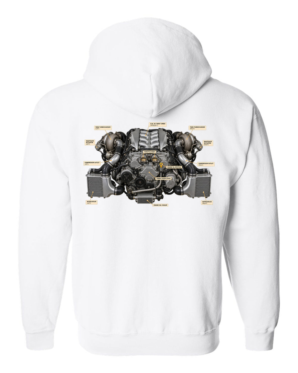 Nissan GT-R R35 2009 Premium dimension blueprint with engine text white zip hoodie back view with the design