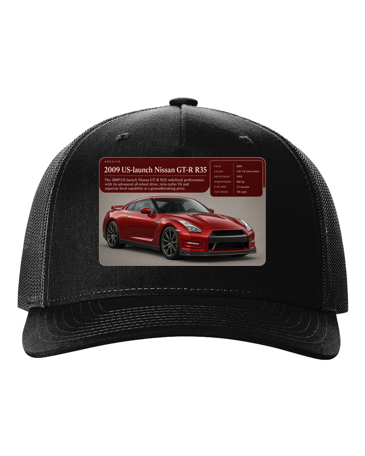 Archive panel print of a deep red 2009 US launch Nissan GT-R R35 black hat front view with the design