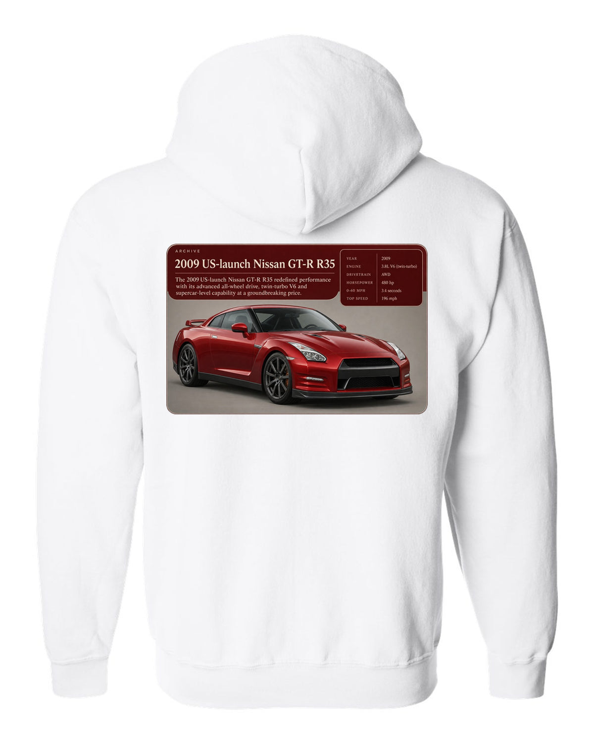 Archive panel print of a deep red 2009 US launch Nissan GT-R R35 white zip hoodie back view with the design