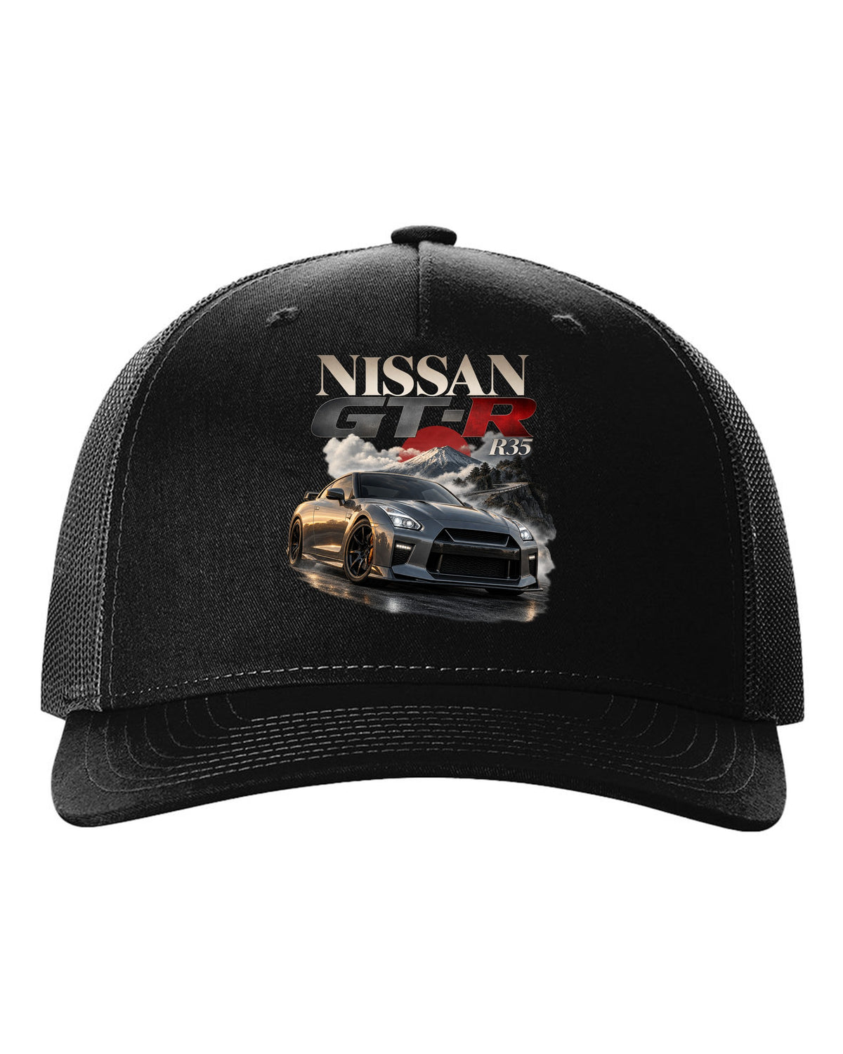 Nissan GT-R R35 2017 facelift in blue on a spec poster layout black hat front view with the design