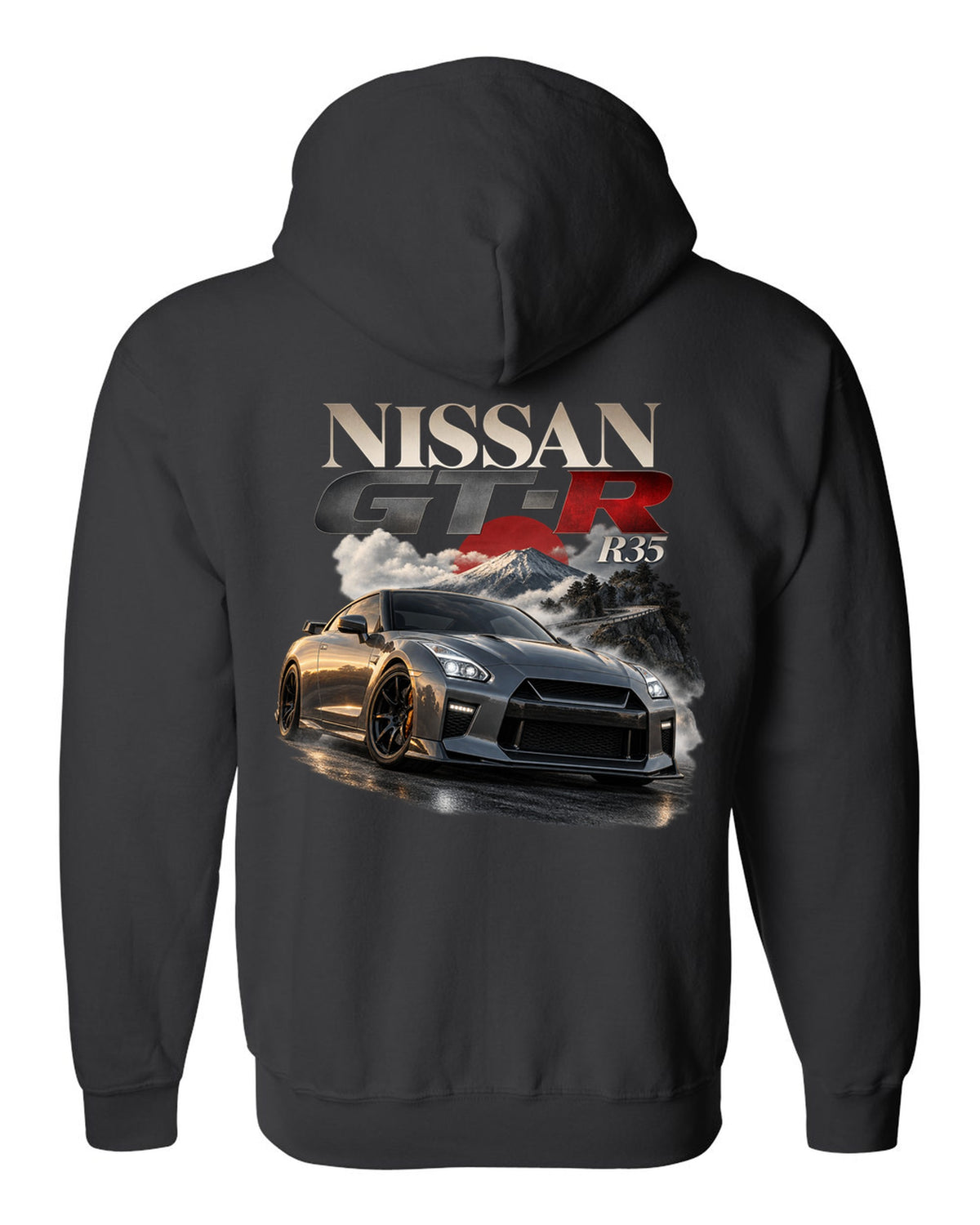 Nissan GT-R R35 2017 facelift in blue on a spec poster layout black zip hoodie back view with the design