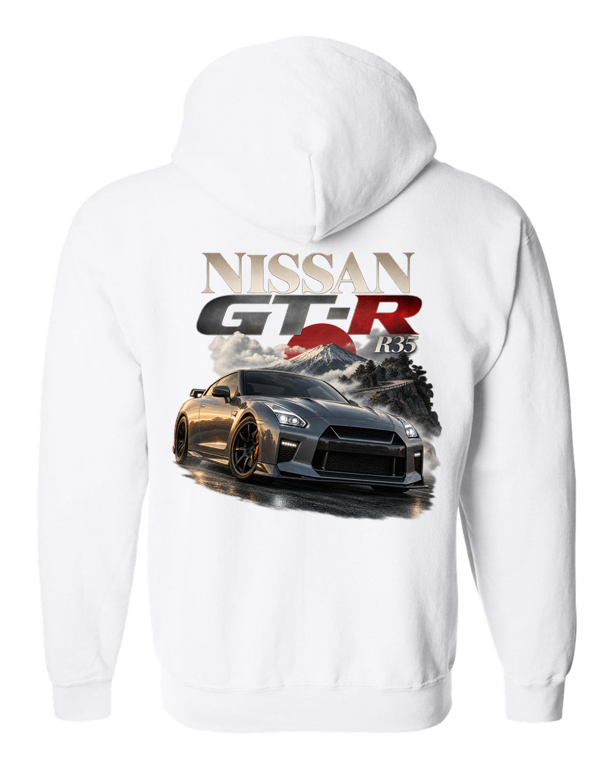 Nissan GT-R R35 2017 facelift in blue on a spec poster layout white zip hoodie back view with the design