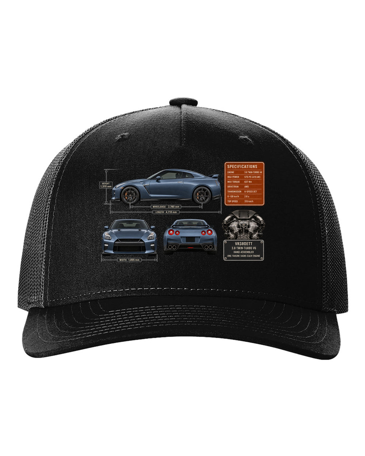 print dimension blueprint of a Nissan GT-R R35 in steel blue black hat front view with the design