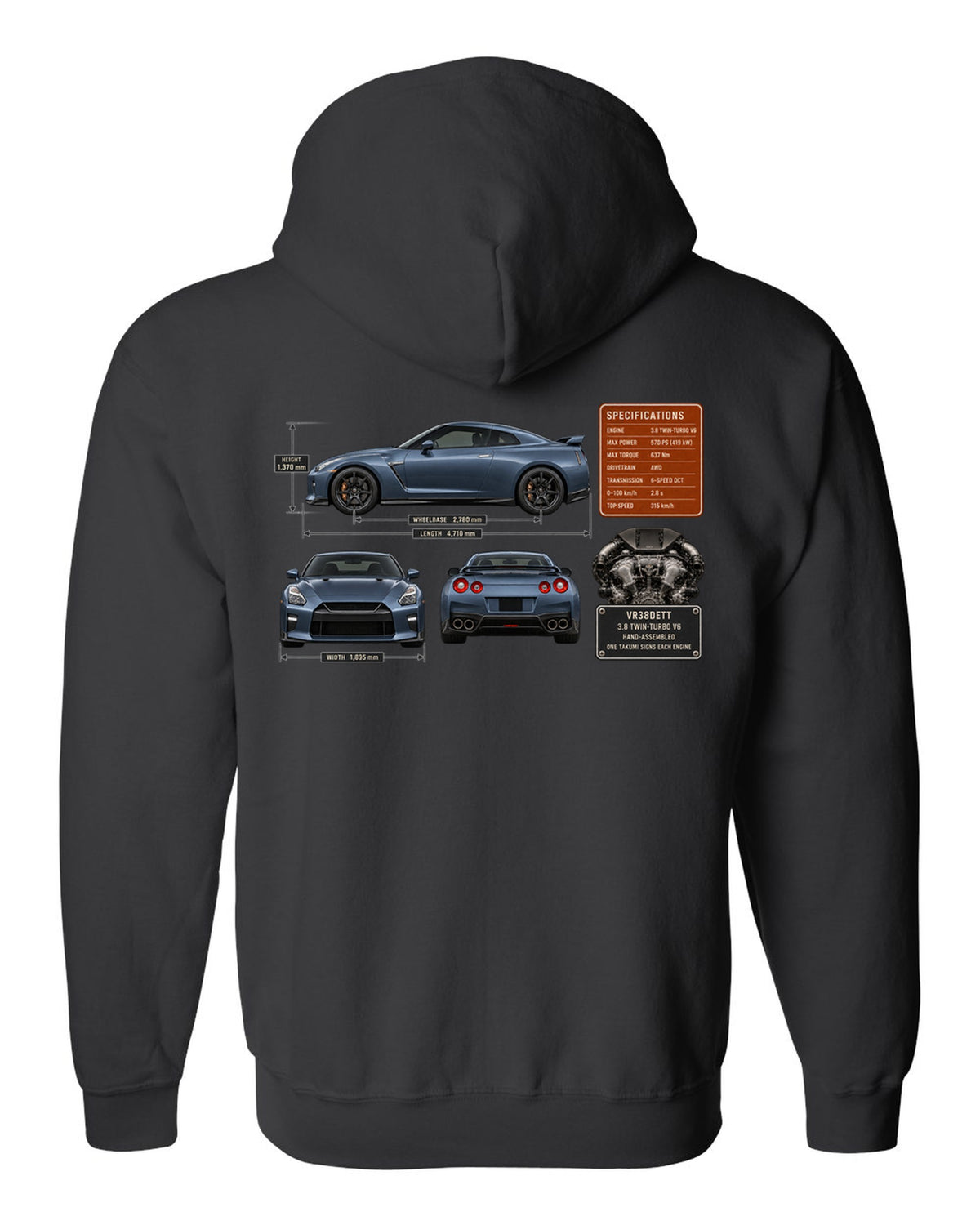 print dimension blueprint of a Nissan GT-R R35 in steel blue black zip hoodie back view with the design