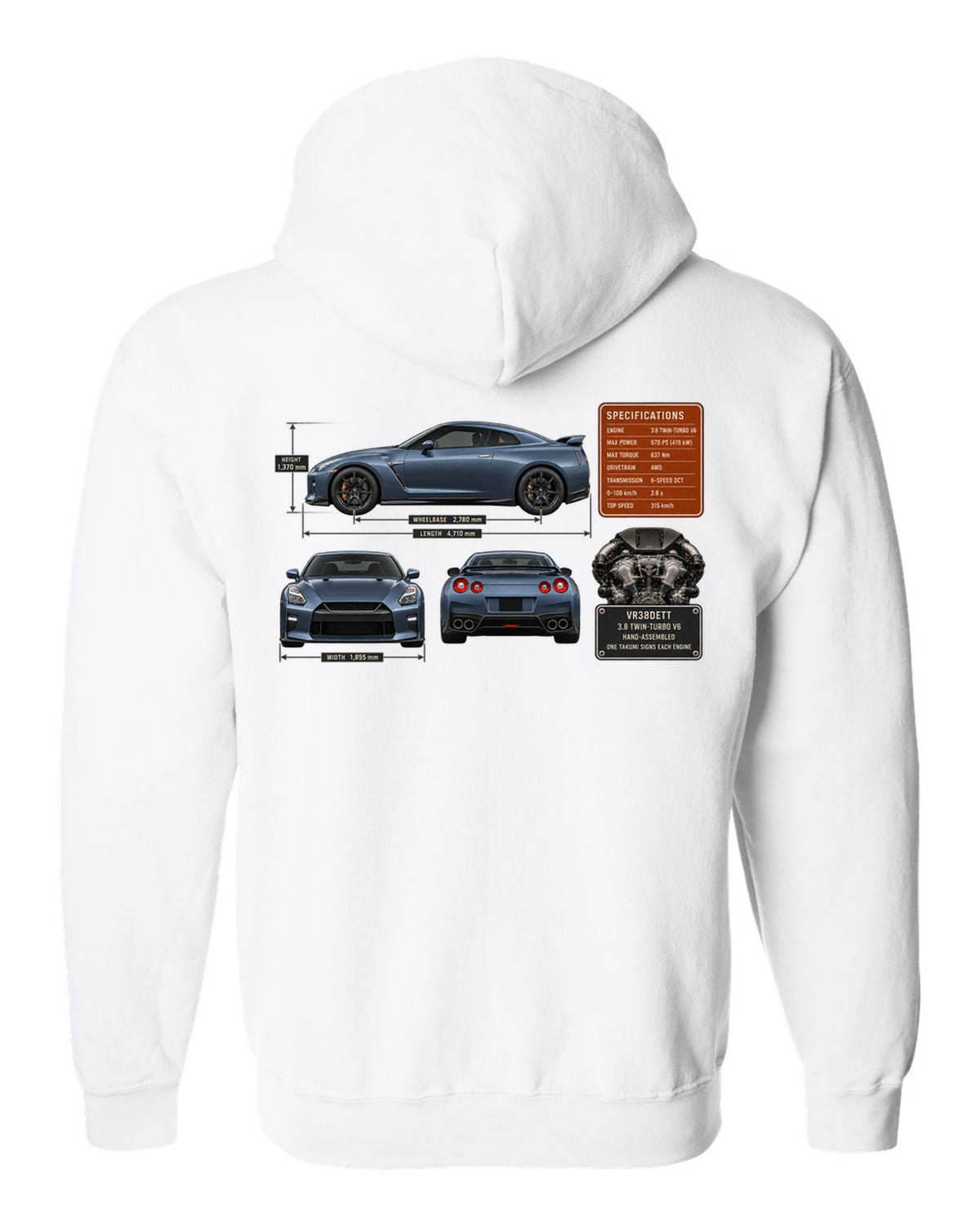 print dimension blueprint of a Nissan GT-R R35 in steel blue white zip hoodie back view with the design