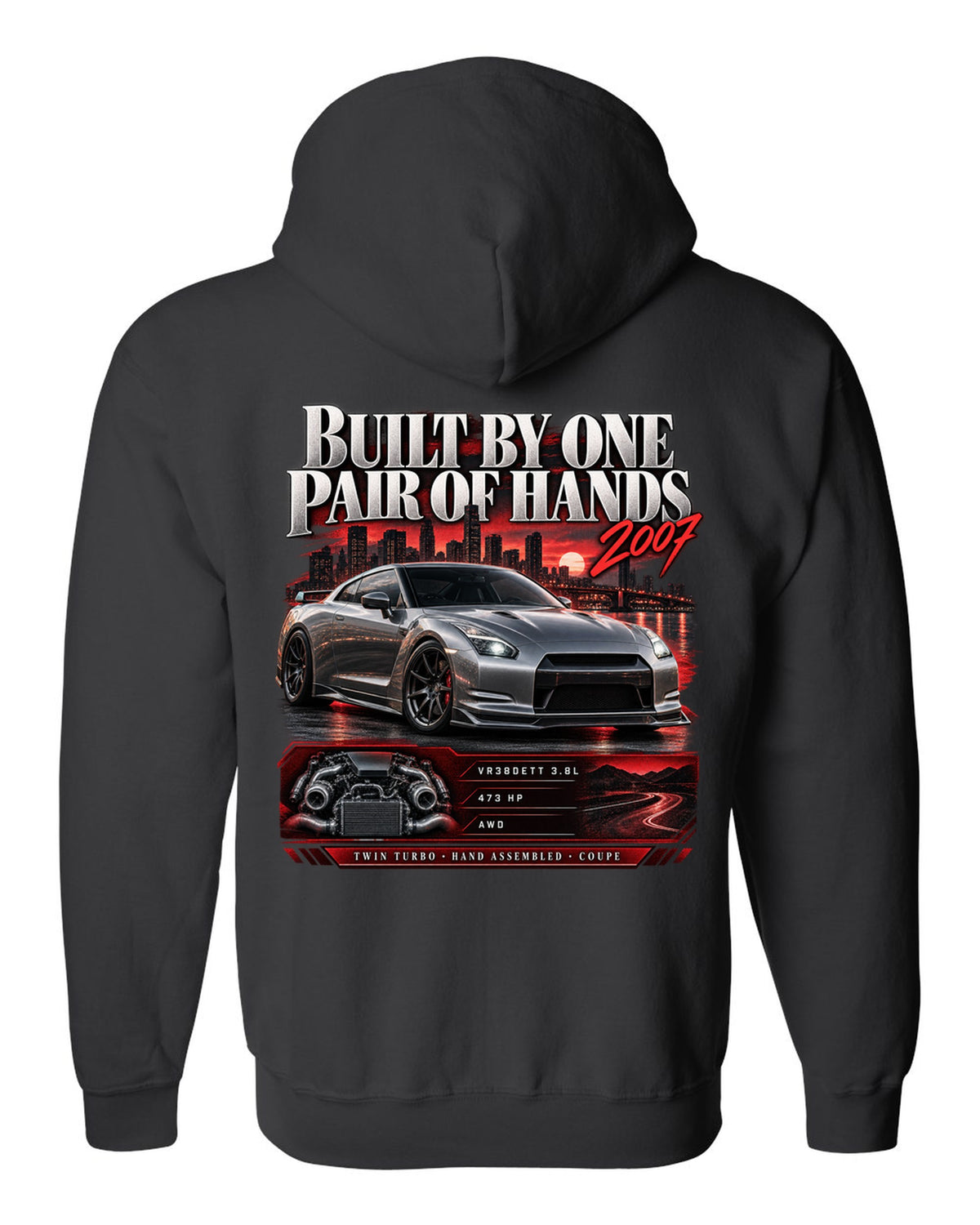 Archive panel of a Nissan GT-R R35 with VR38DETT 3.8L, 473 hp and hand assembled lettering black zip hoodie back view with the design