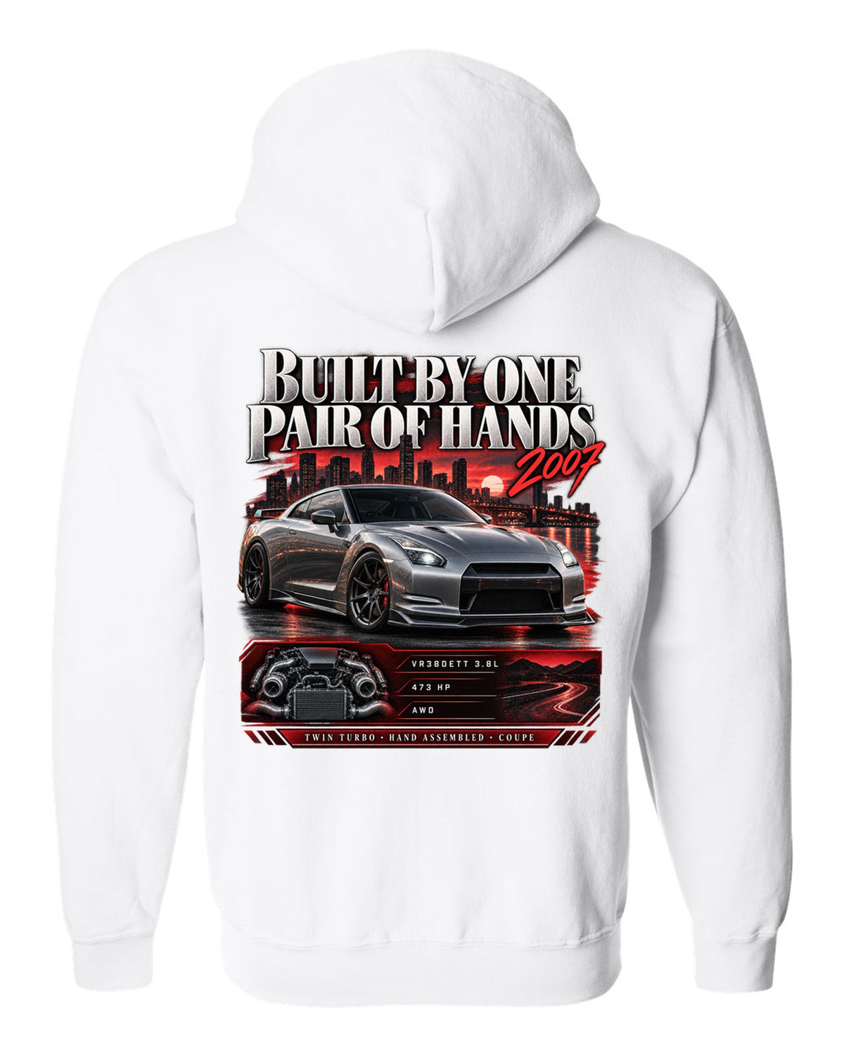 Archive panel of a Nissan GT-R R35 with VR38DETT 3.8L, 473 hp and hand assembled lettering white zip hoodie back view with the design
