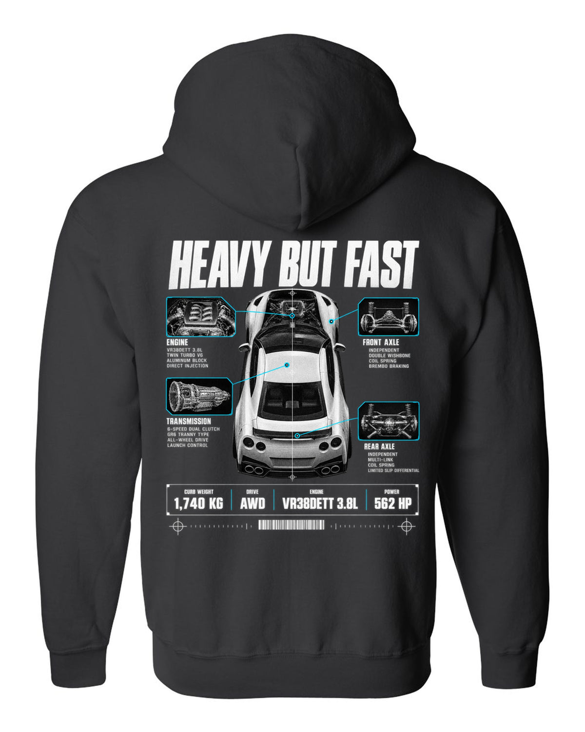Top-down and profile spec poster of a Nissan GT-R R35 with 1,740 kg curb weight and VR38DETT lettering black zip hoodie back view with the design