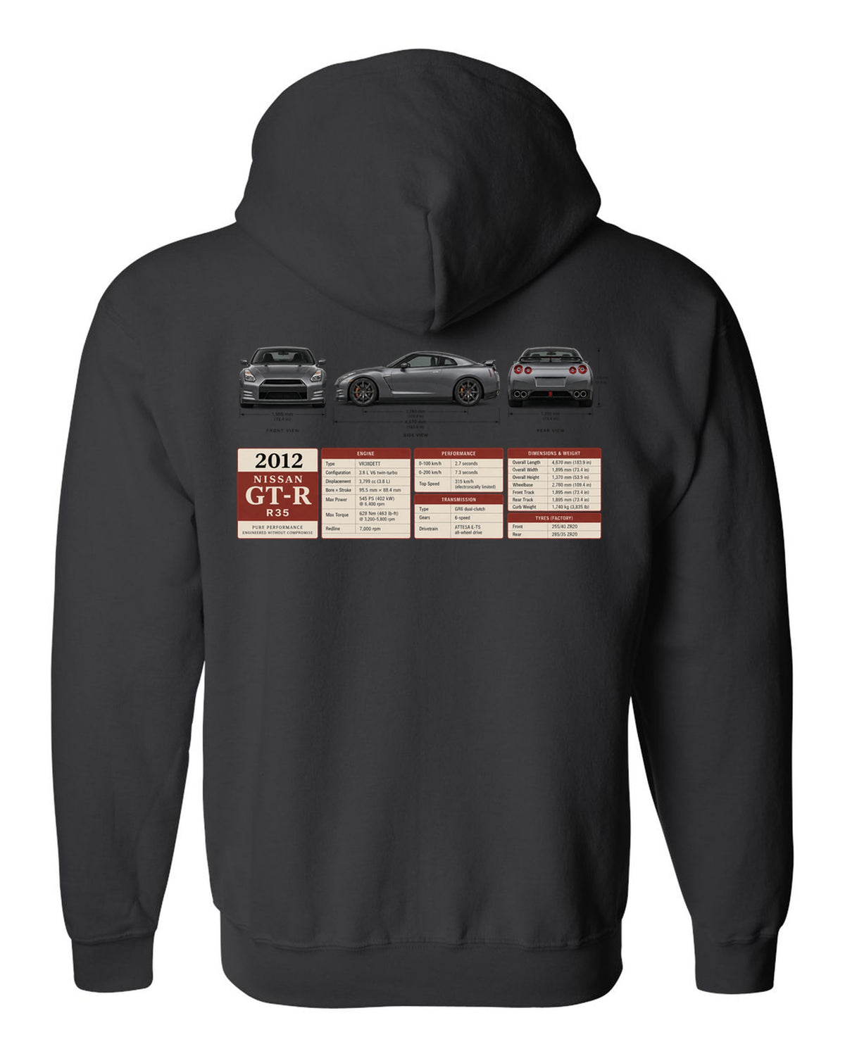 Three-view drawing and spec table of a 2012 Nissan GT-R R35 in graphite grey black zip hoodie back view with the design