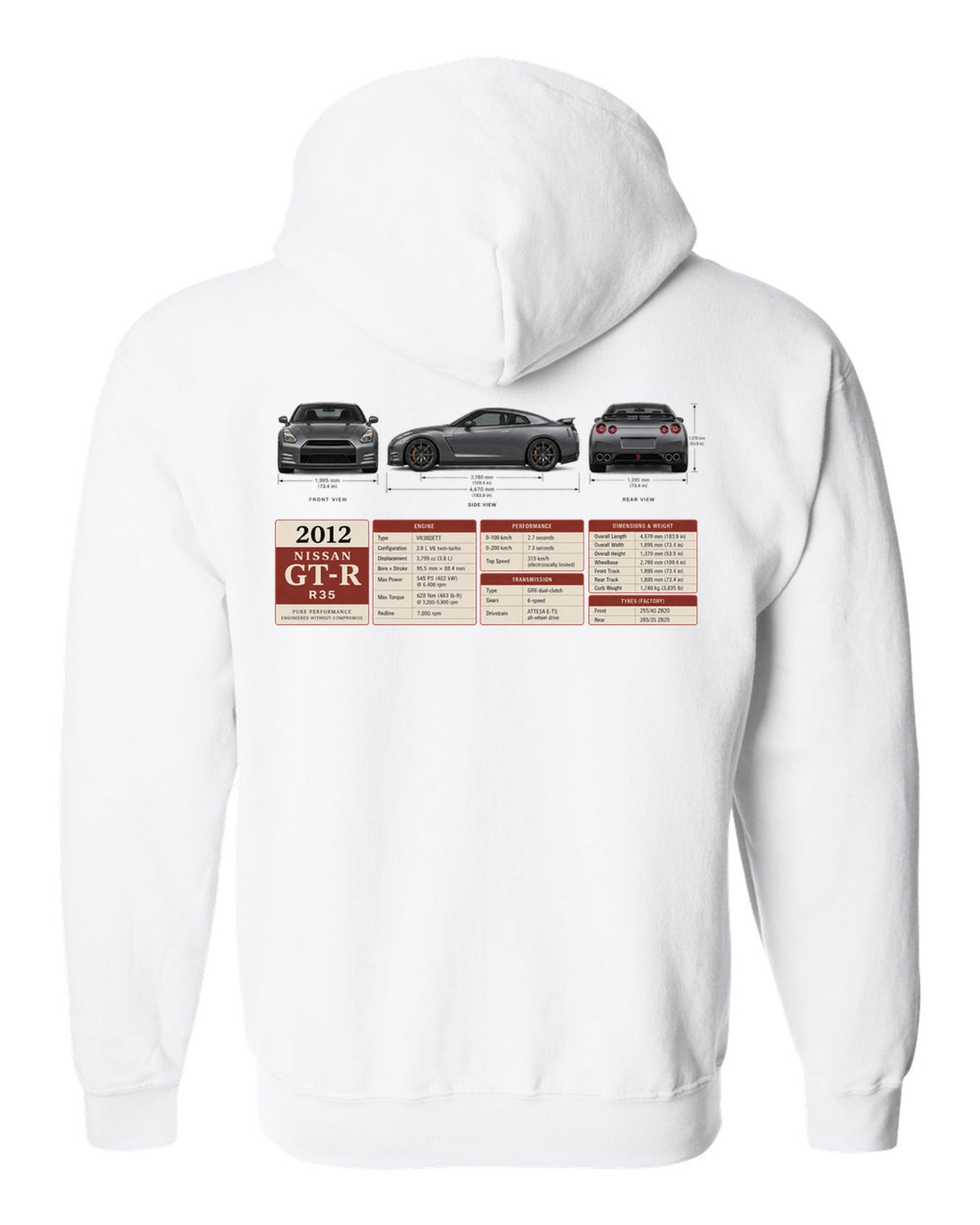 Three-view drawing and spec table of a 2012 Nissan GT-R R35 in graphite grey white zip hoodie back view with the design