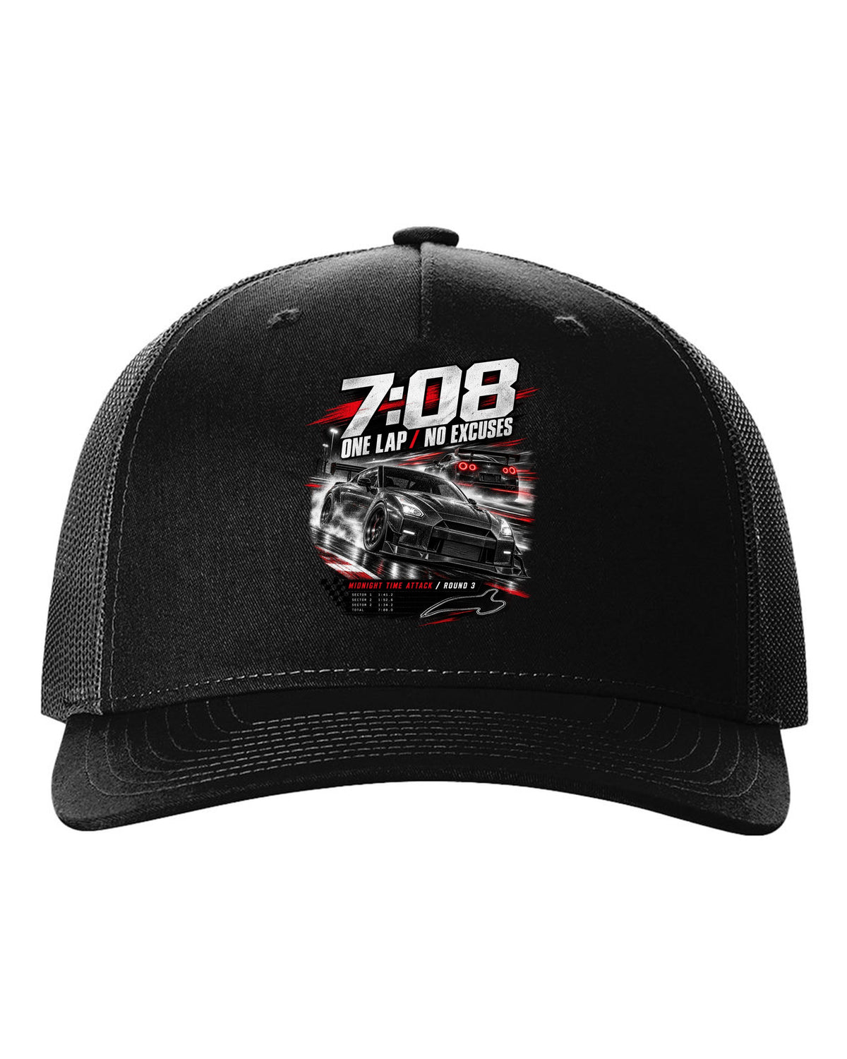 Race poster of a Nismo-style Nissan GT-R R35 with 7:08 one lap and Midnight Time Attack lettering black hat front view with the design
